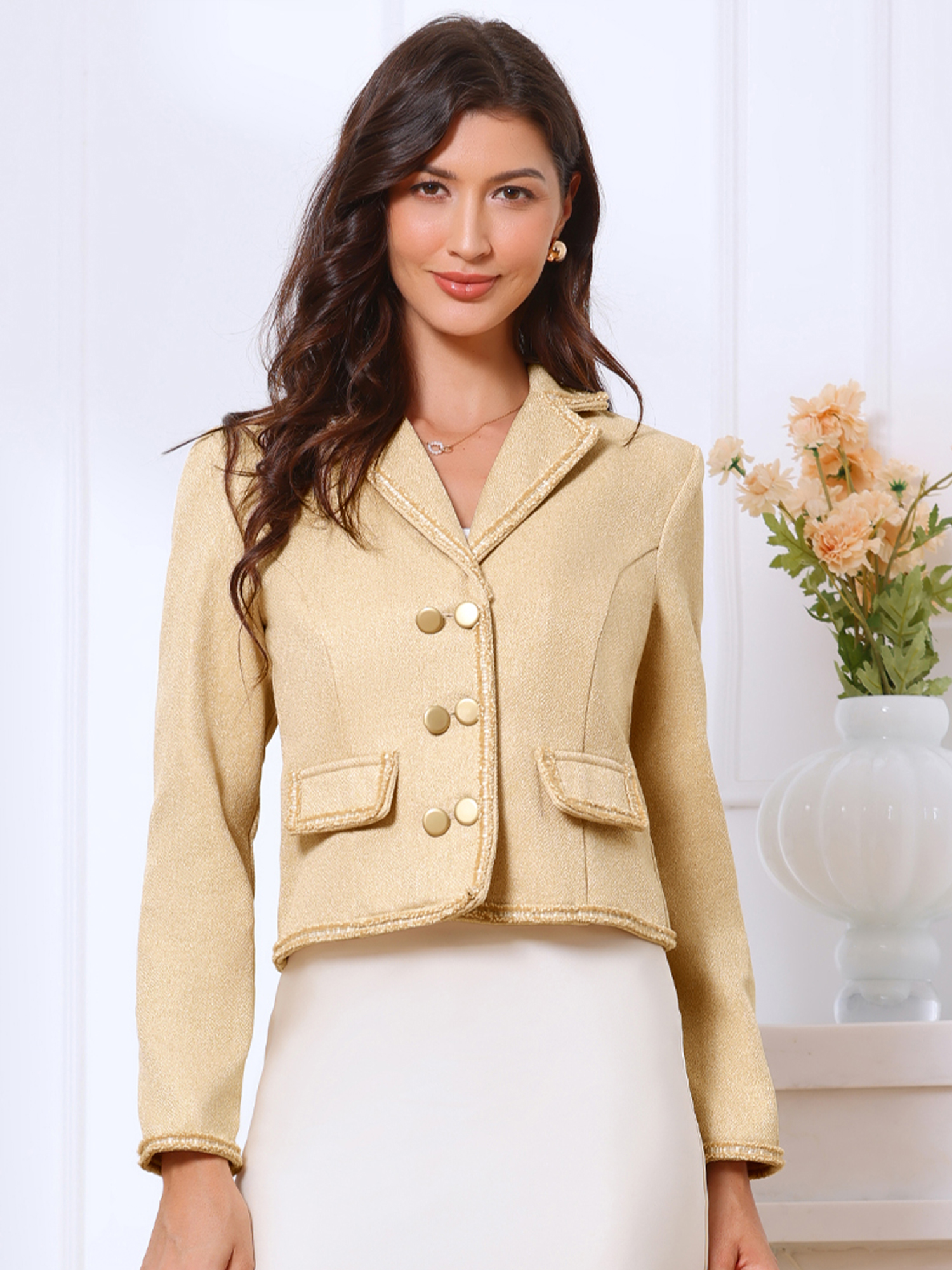 Notched Lapel Long Sleeve Dressy Casual Tweed Jacket Apricot/L