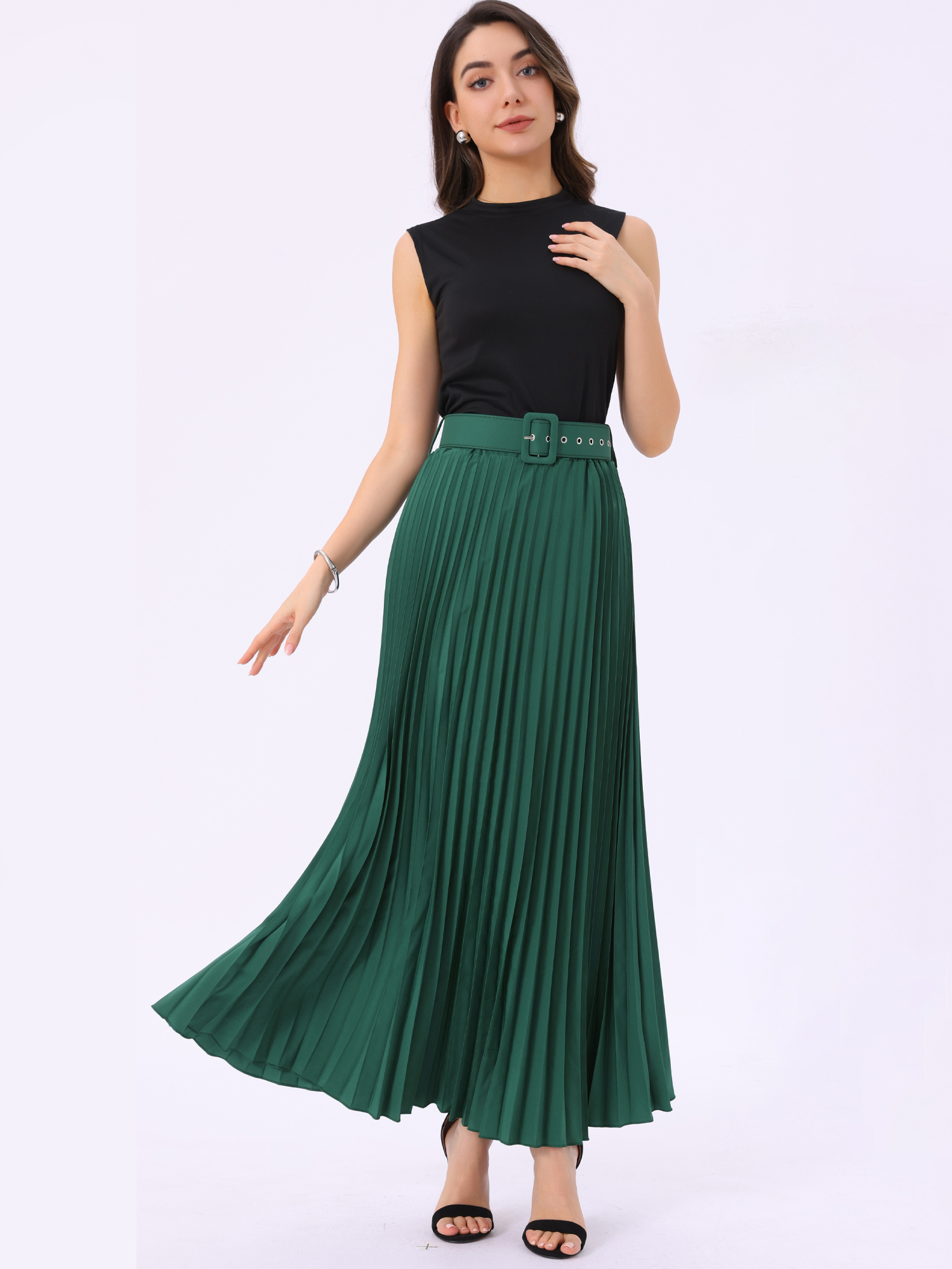 Flowy Pleated Elastic High Waist Belted Swing A-line Maxi Skirt Dark Green/3XL