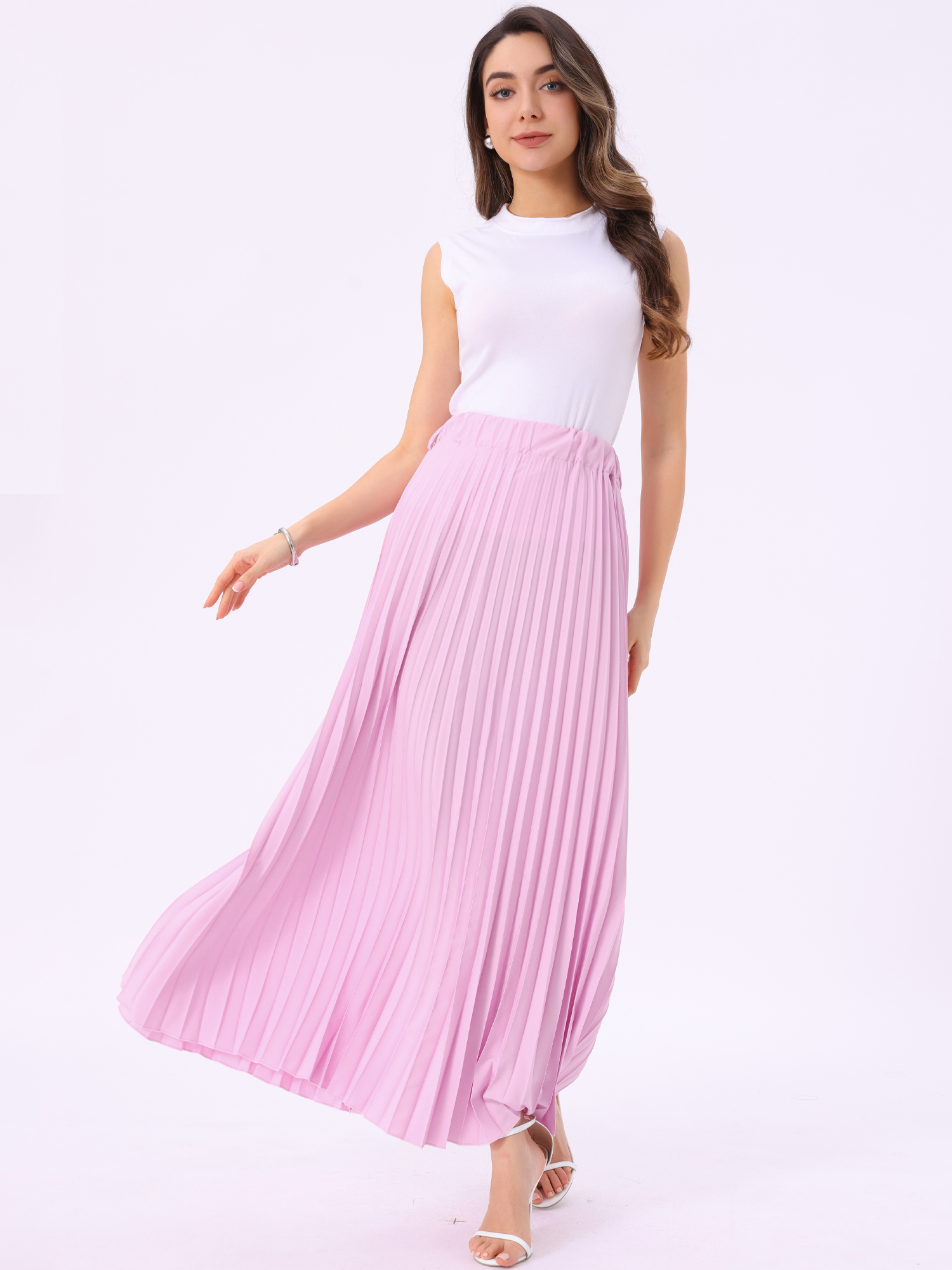 Flowy Pleated Elastic High Waist Belted Swing A-line Maxi Skirt Rose Pink/3XL