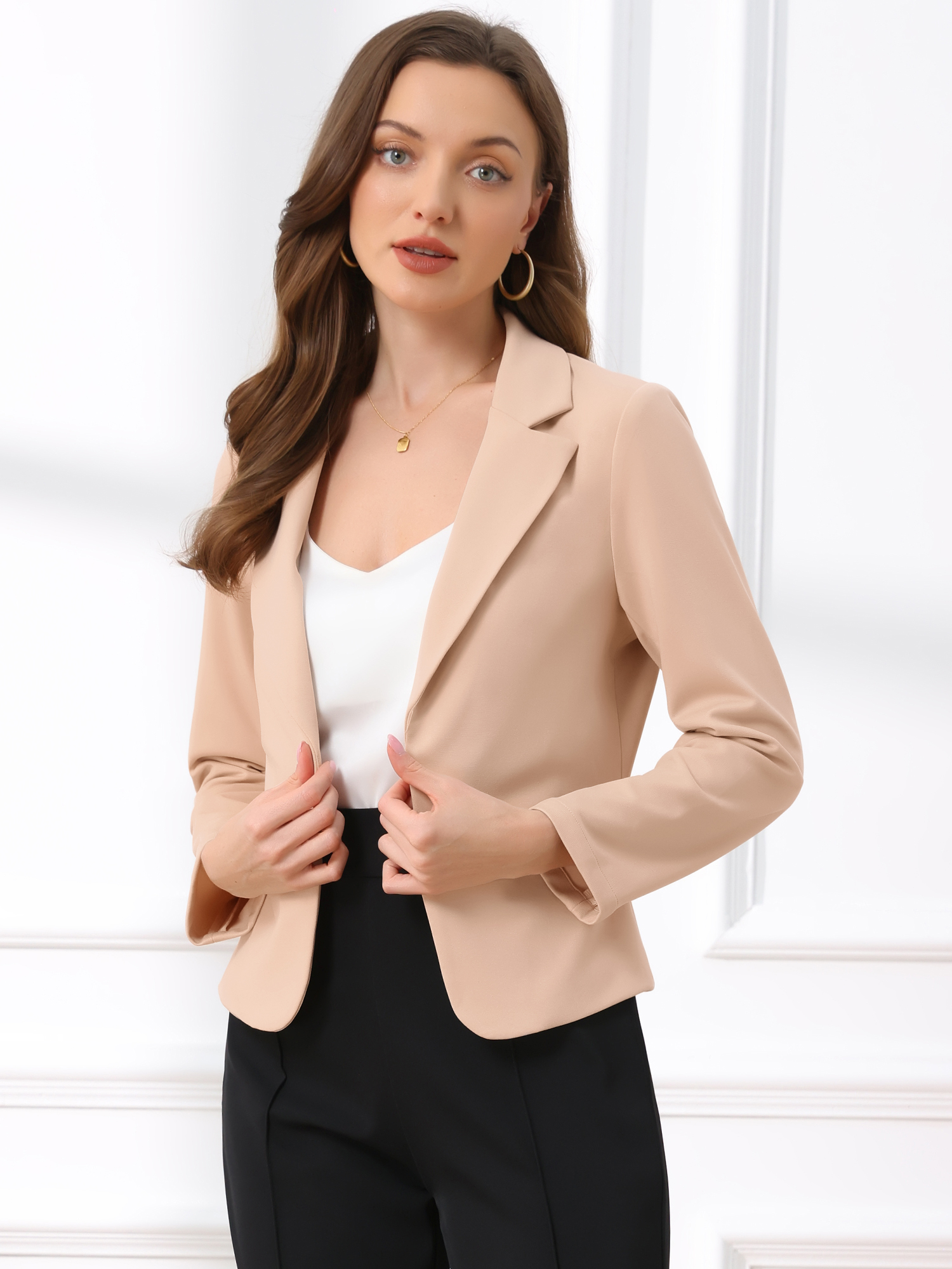 Business Blazer Open Front Office Casual Work Crop Suit Jacket Beige/XS