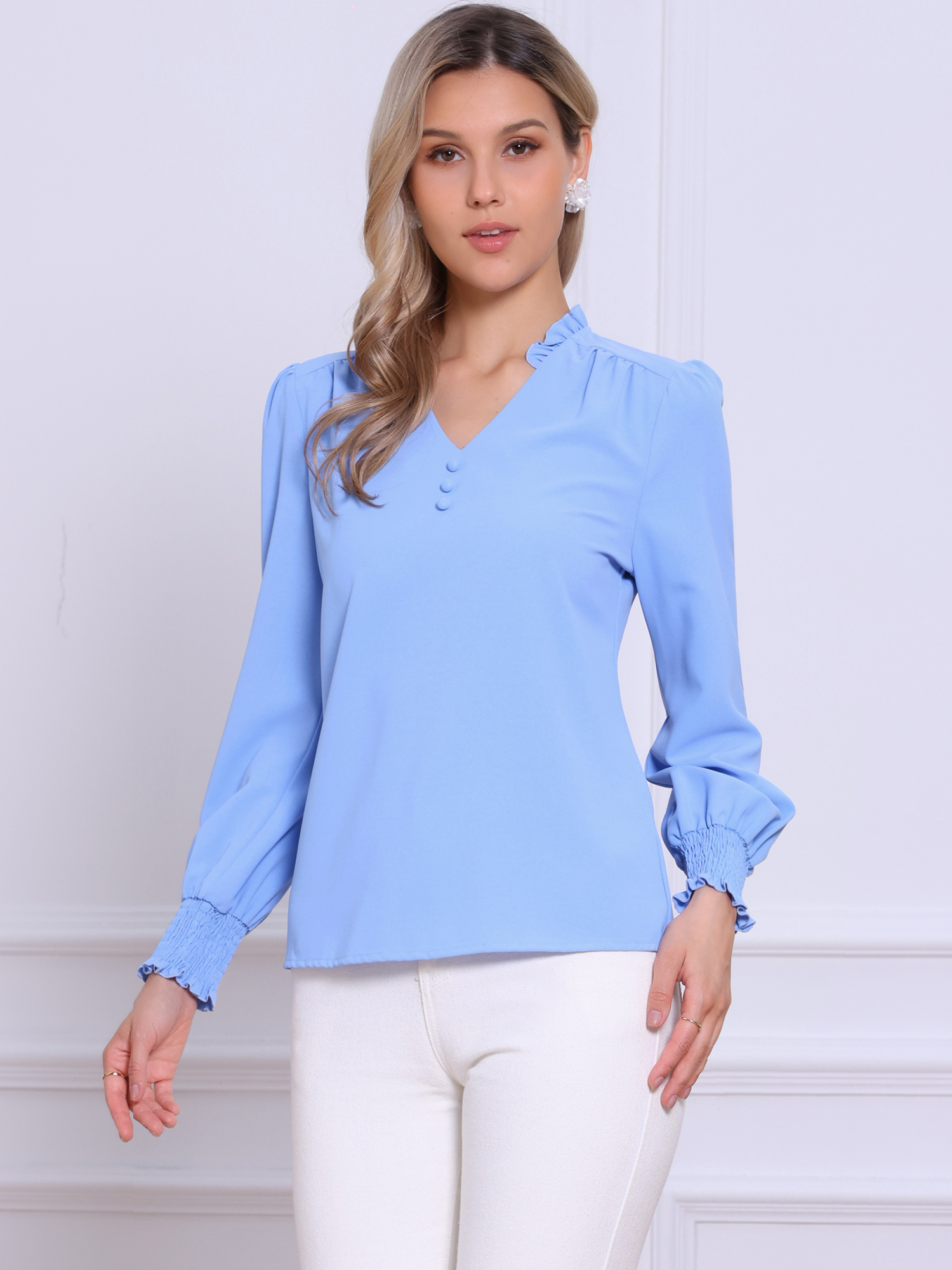 V Neck Ruffle Collar Puff Smock Long Sleeve Vintage Blouse Blue/L