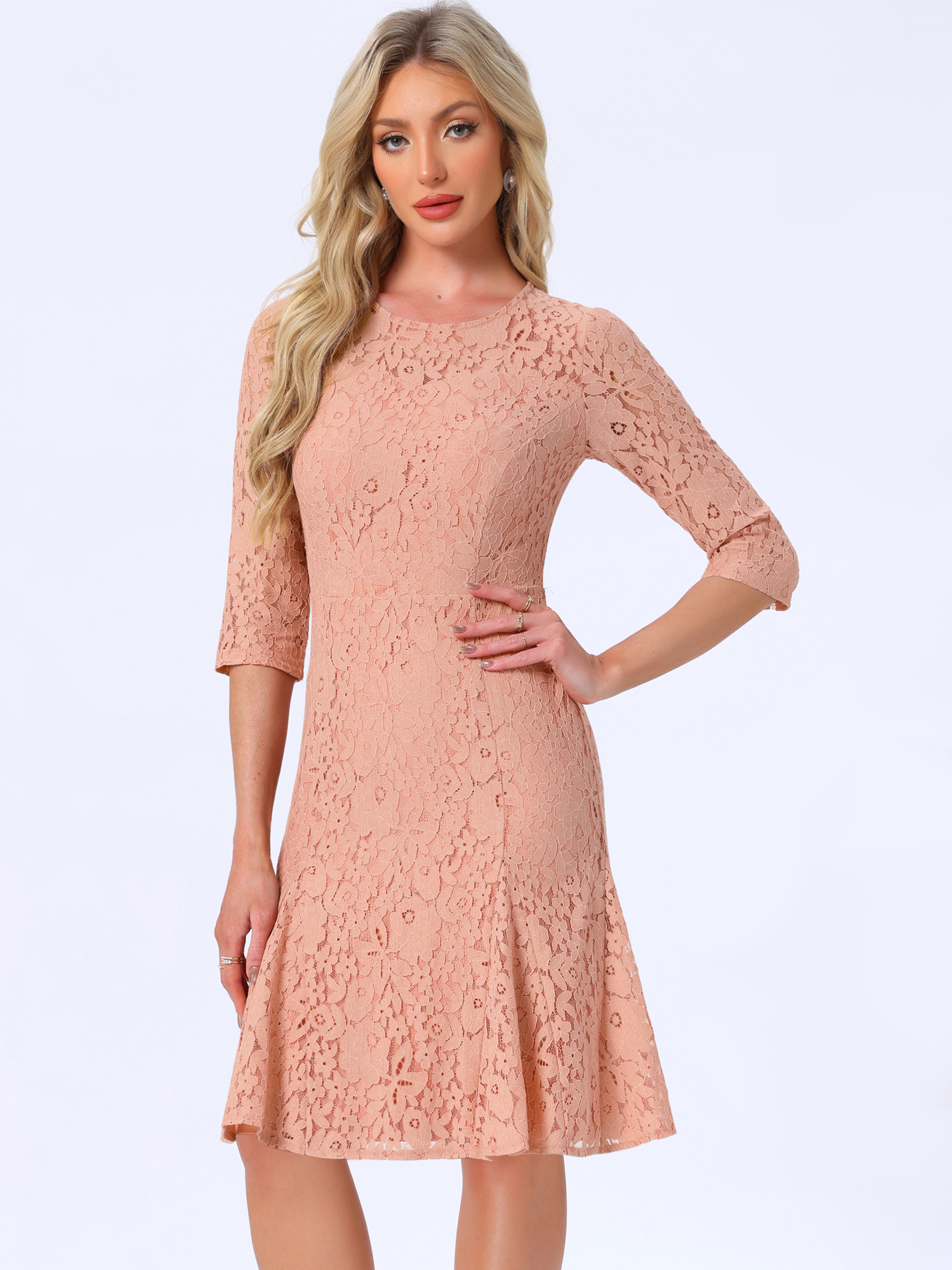 Elegant Lace 3/4 Sleeves Ruffles Bodycon Fishtail Dress Pink/L