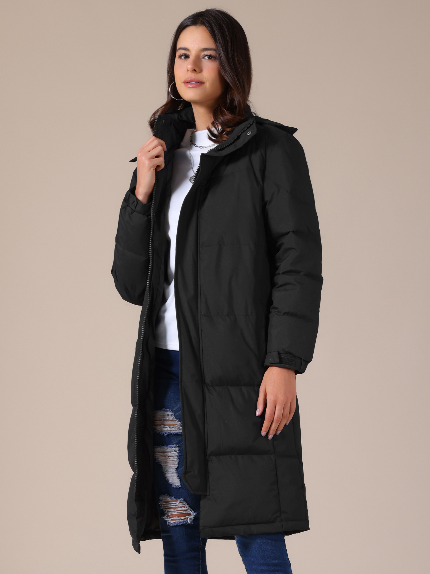 Winter Hooded Long Padded Down Puffer Jacket Black/L