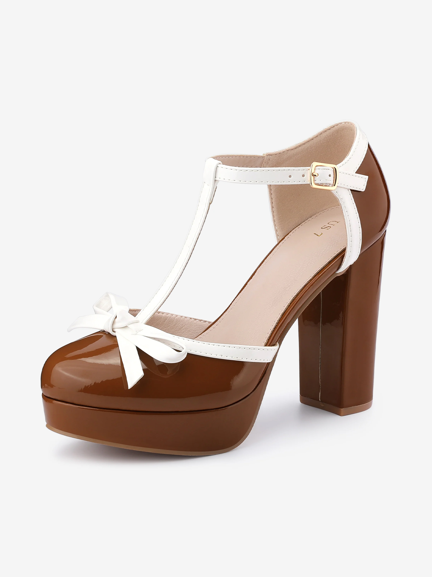 Platform Bow T Strap Chunky Heel Pumps Brown/9