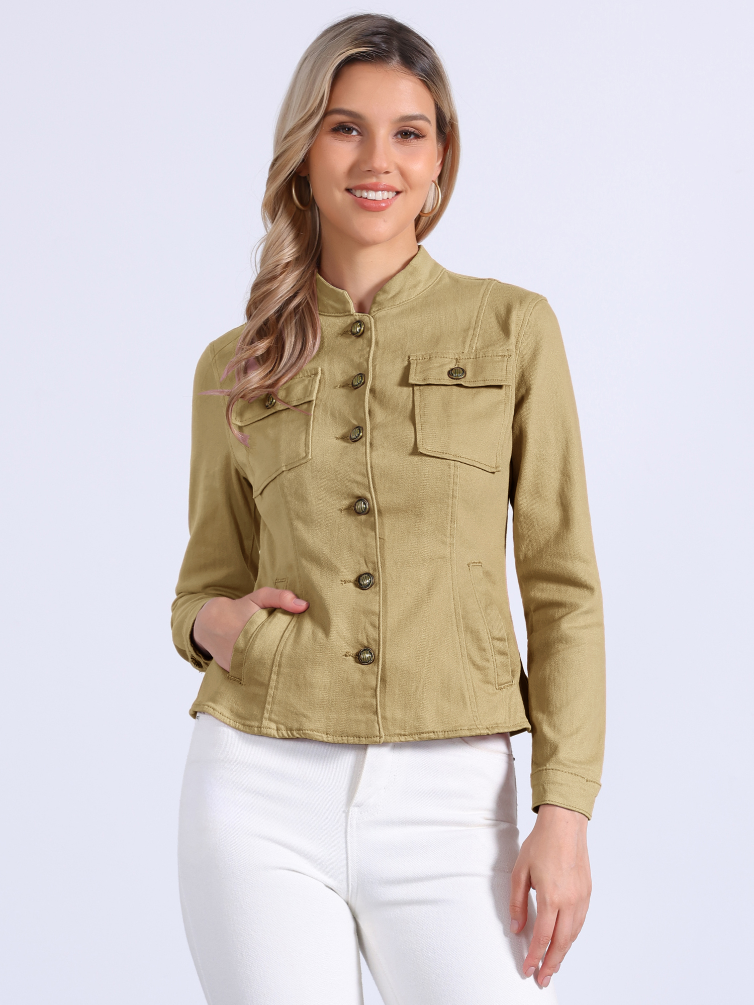 Casual Denim Classic Stand Collar Long Sleeve Jean Jacket Khaki/M