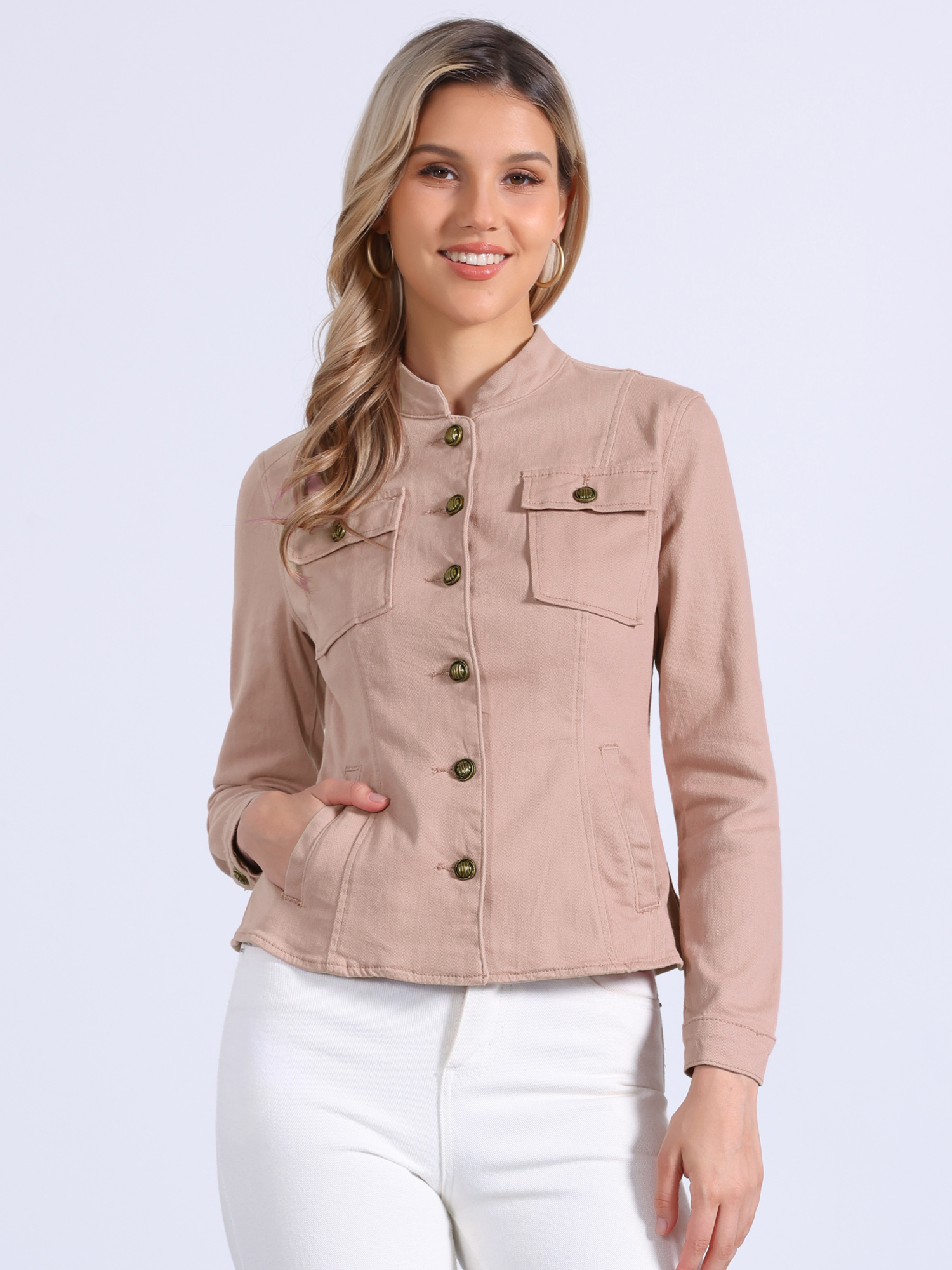 Casual Denim Classic Stand Collar Long Sleeve Jean Jacket Pink/XS
