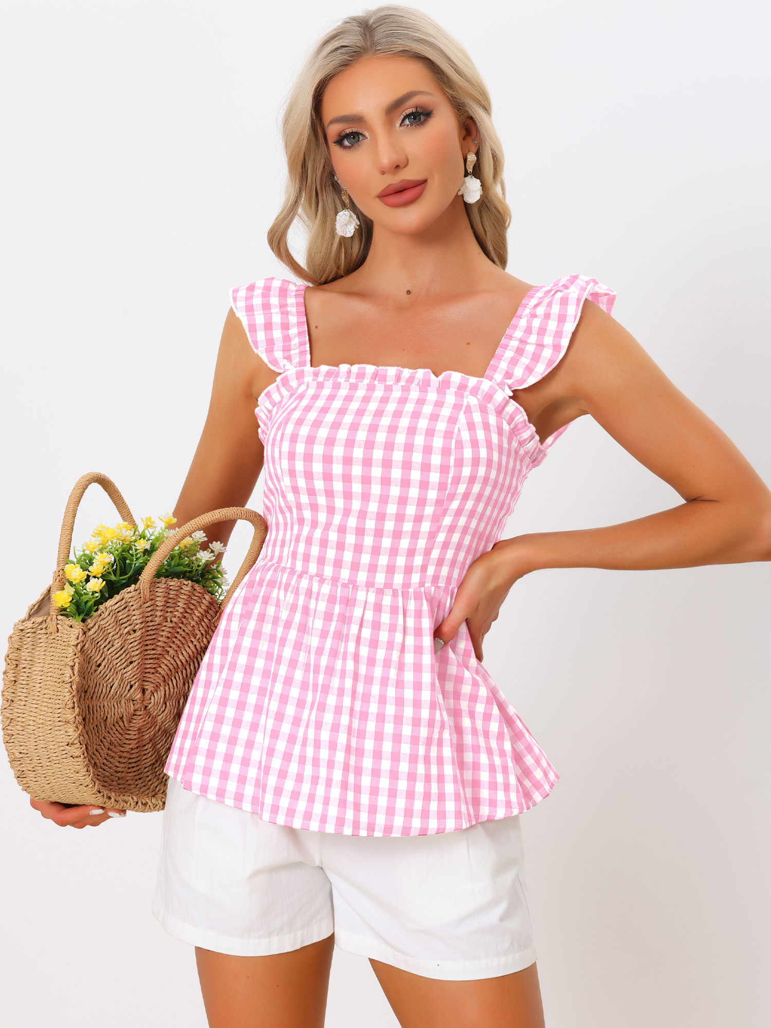 Gingham Peplum Top Summer Square Neck Sleeveless Plaid Blouse Pink/L