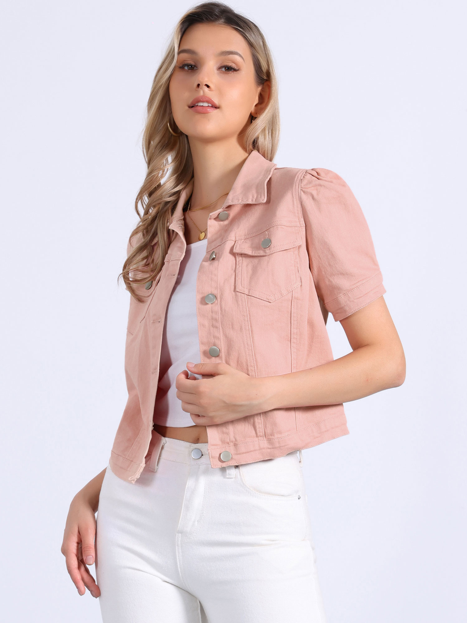 Casual Short Puff Sleeves Button-Down Jean Denim Jacket Pink/S