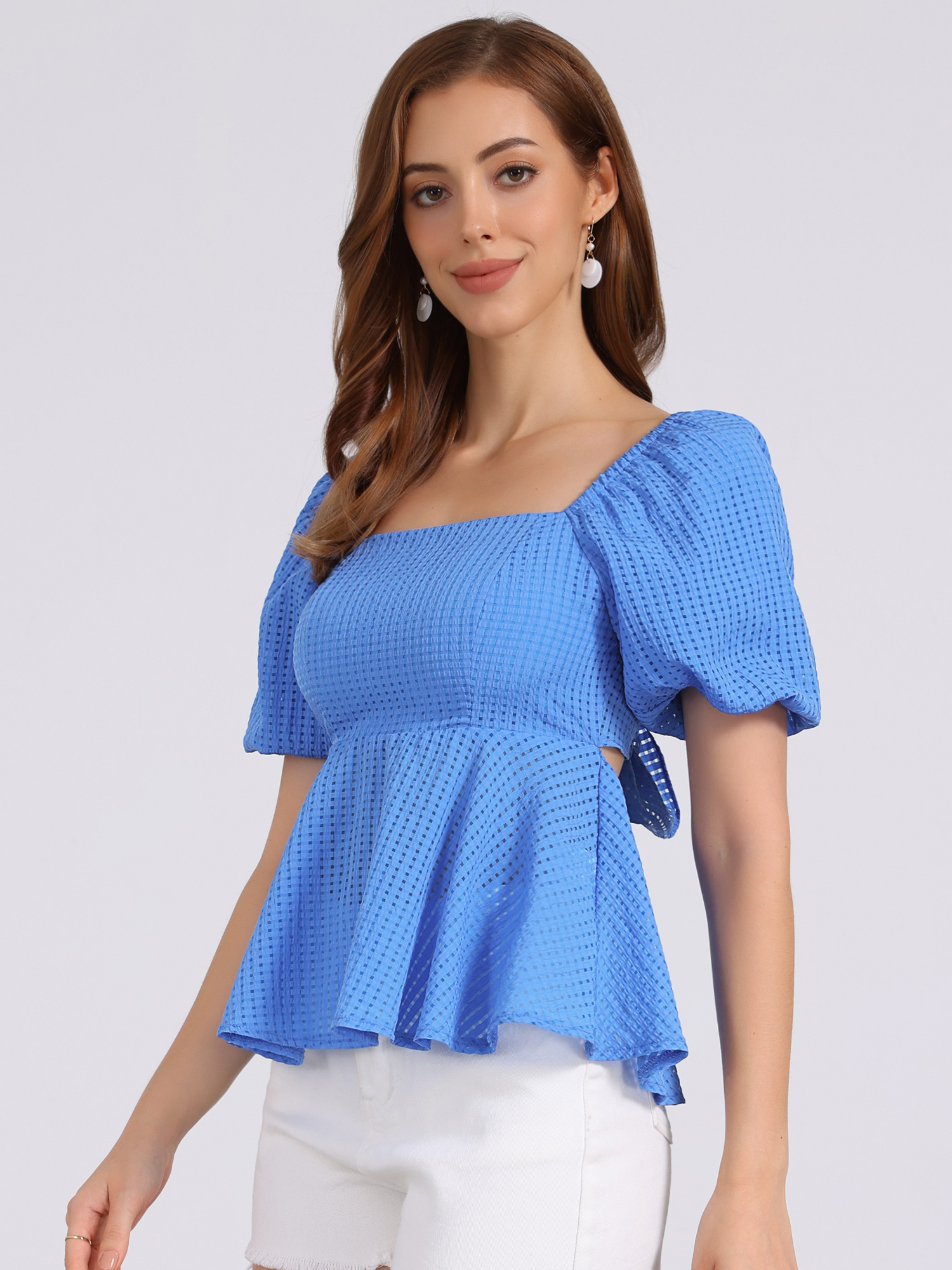Square Neck Puff Sleeves Back Bow Textured Peplum Blouse Blue/S