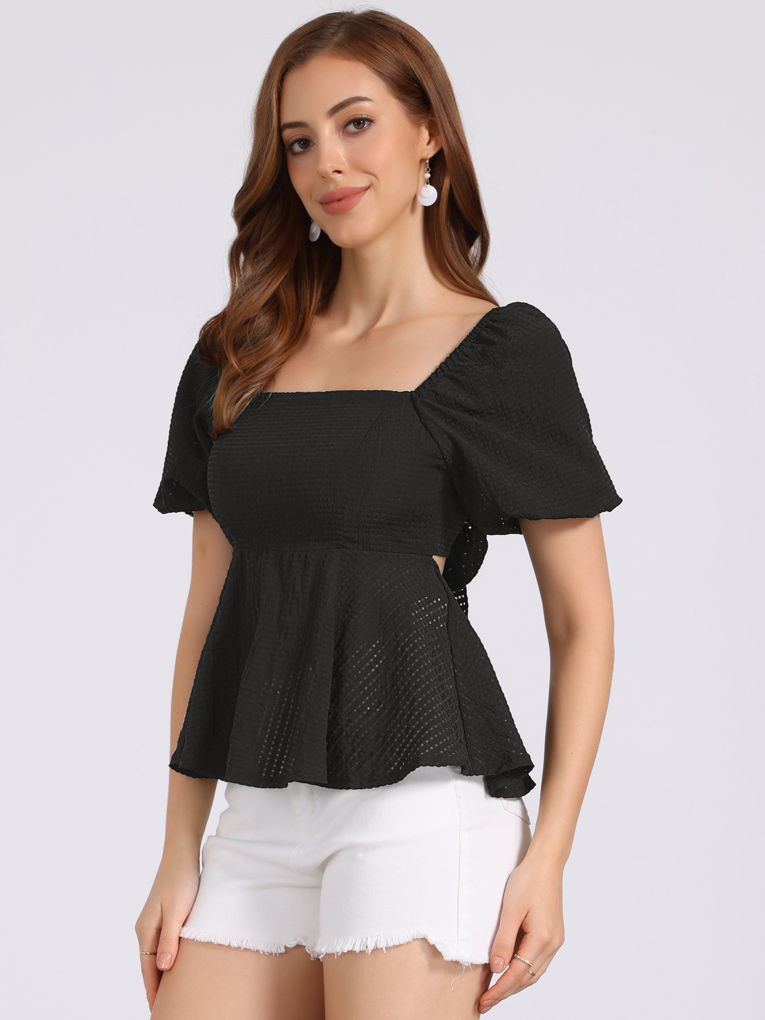 Square Neck Puff Sleeves Back Bow Textured Peplum Blouse Black/XS