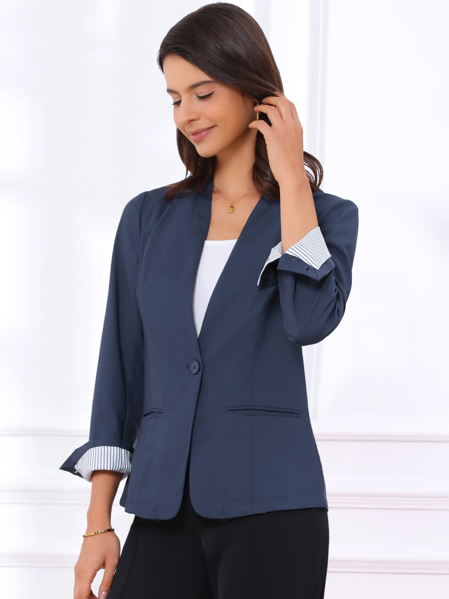 Linen Single Button Long Sleeve Solid Work Blazers Navy blue/M