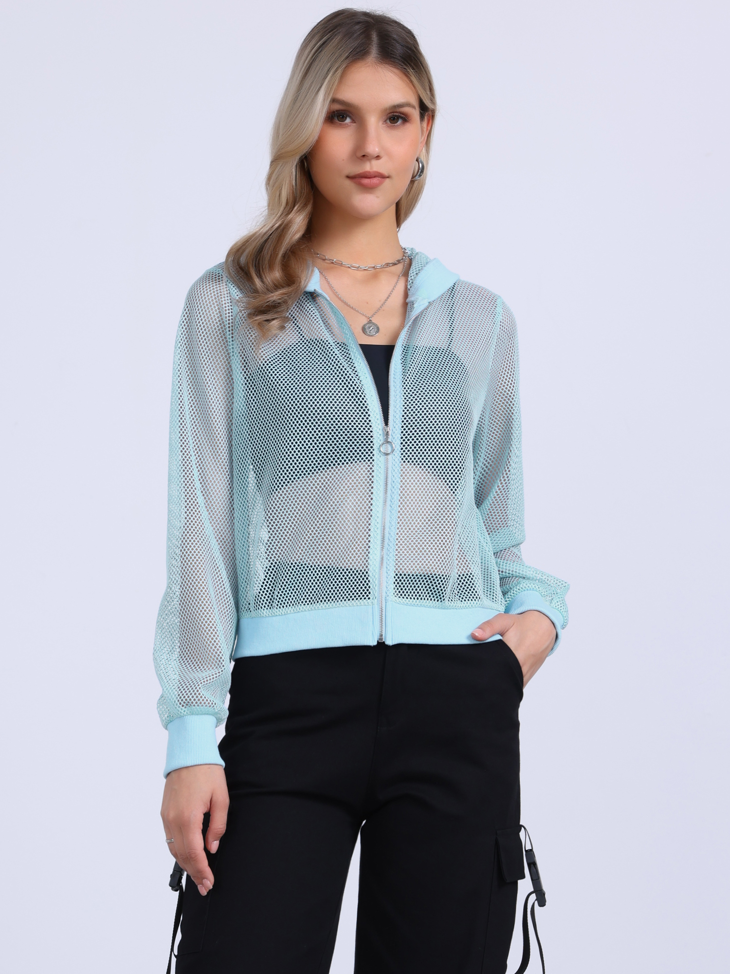 Zip Up Long Sleeve Mesh Sheer Hoodie Bomber Jackets Light Blue/XS