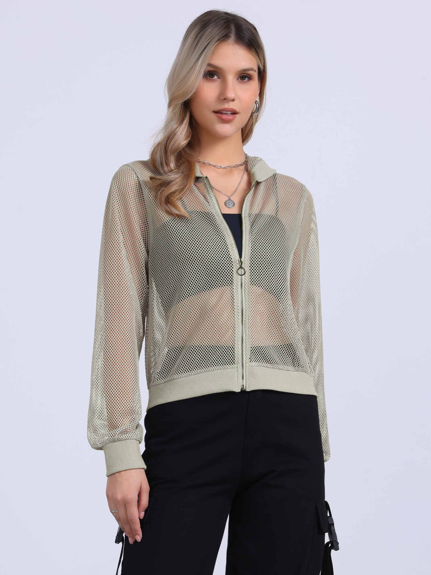 Zip Up Long Sleeve Mesh Sheer Hoodie Bomber Jackets Grey/L
