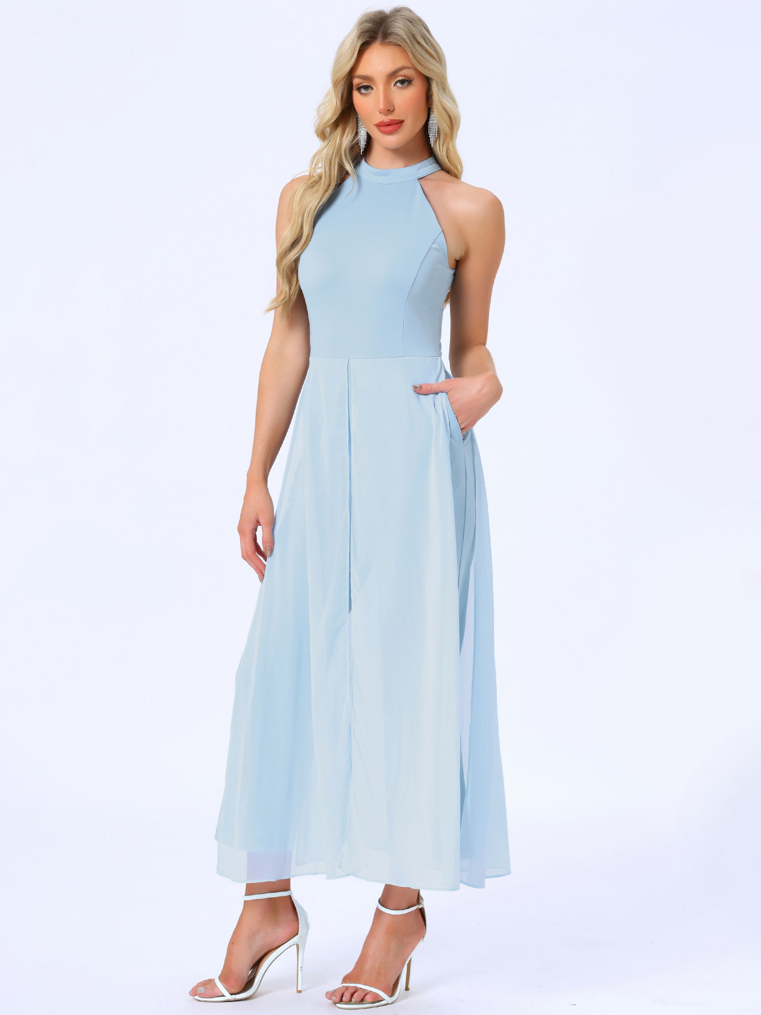 Sleeveless Halter Neck Belted Elegant Wedding Cocktail Dressy Jumpsuits Light Blue/XL