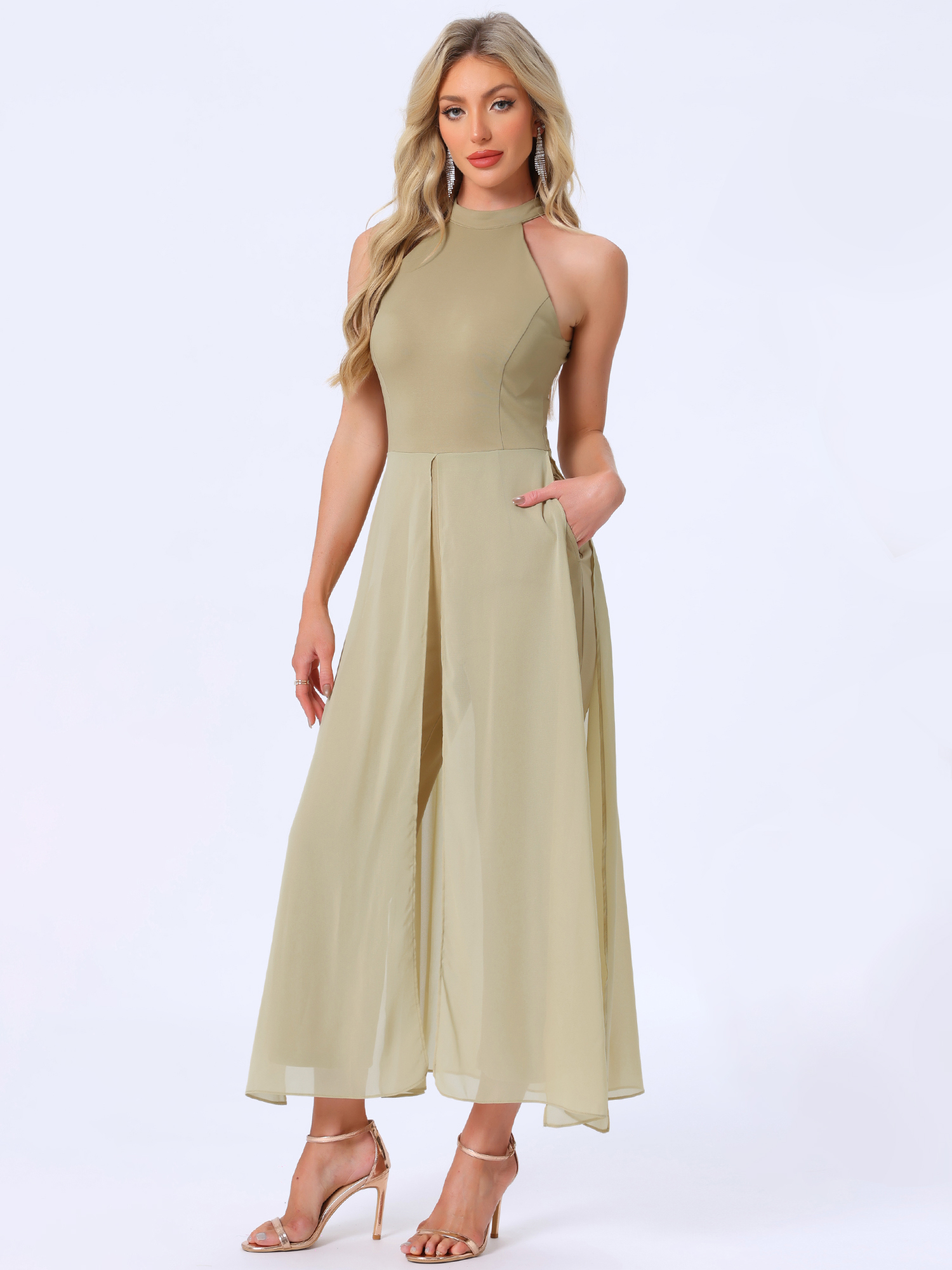 Sleeveless Halter Neck Belted Elegant Wedding Cocktail Dressy Jumpsuits Khaki/S