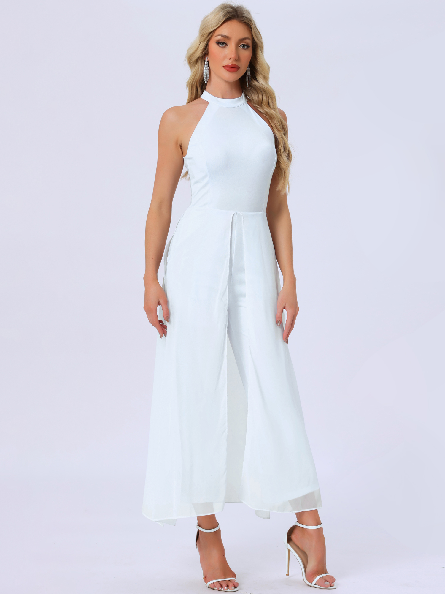 Sleeveless Halter Neck Belted Elegant Wedding Cocktail Dressy Jumpsuits White/XS