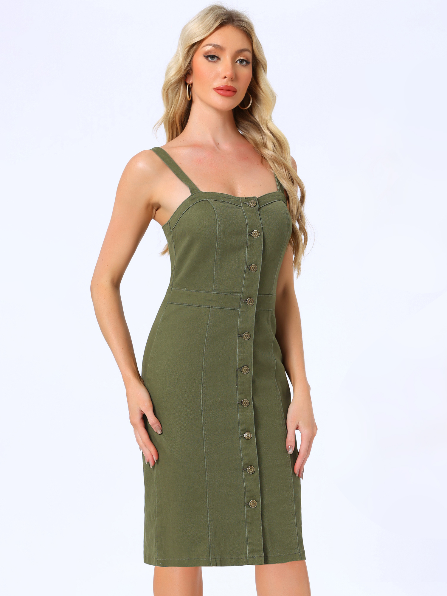 Button Down Denim Sleeveless Sweetheart Neck Jeans Dress Dark Green/S