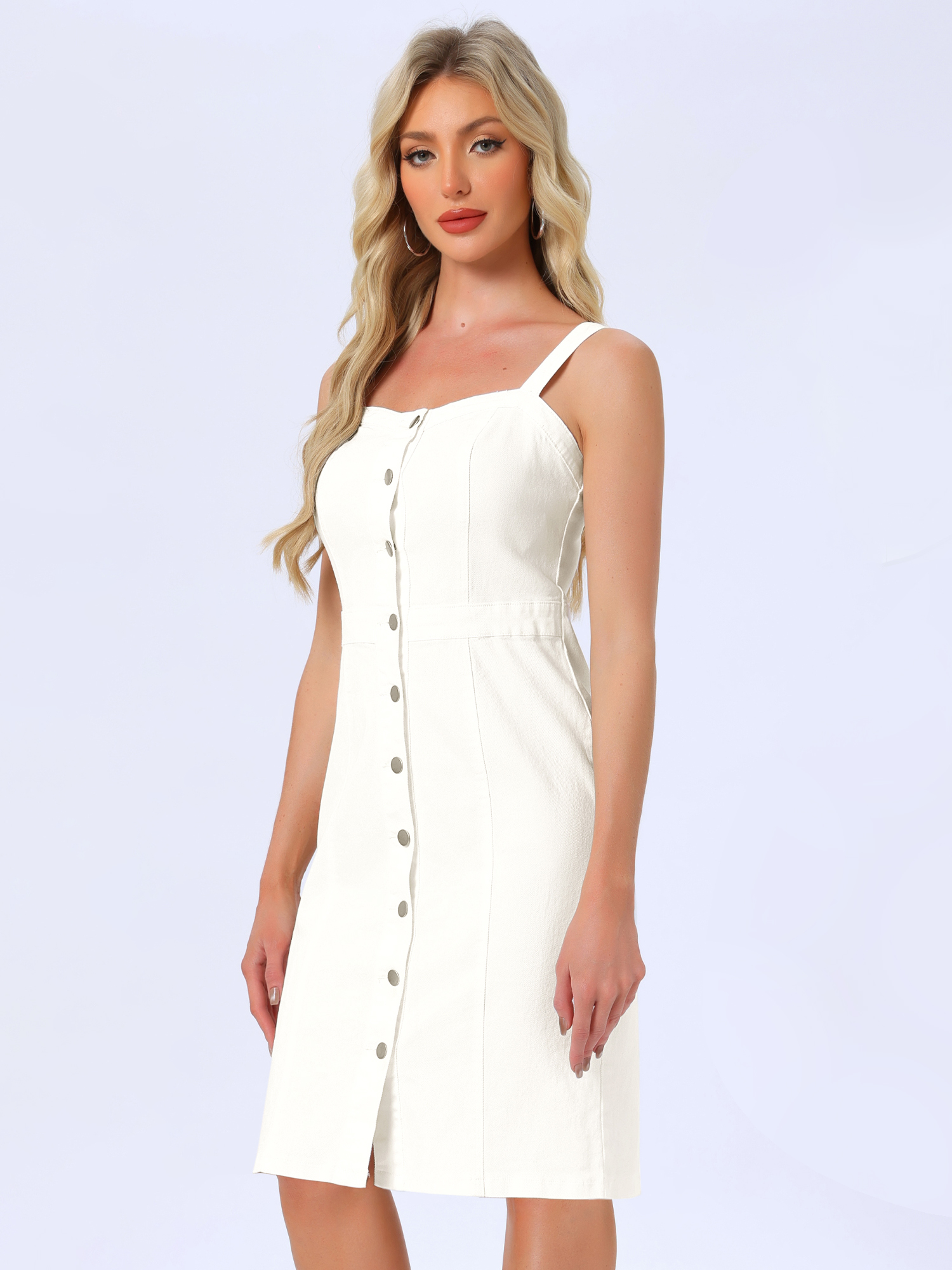 Button Down Denim Sleeveless Sweetheart Neck Jeans Dress Cream White/XS