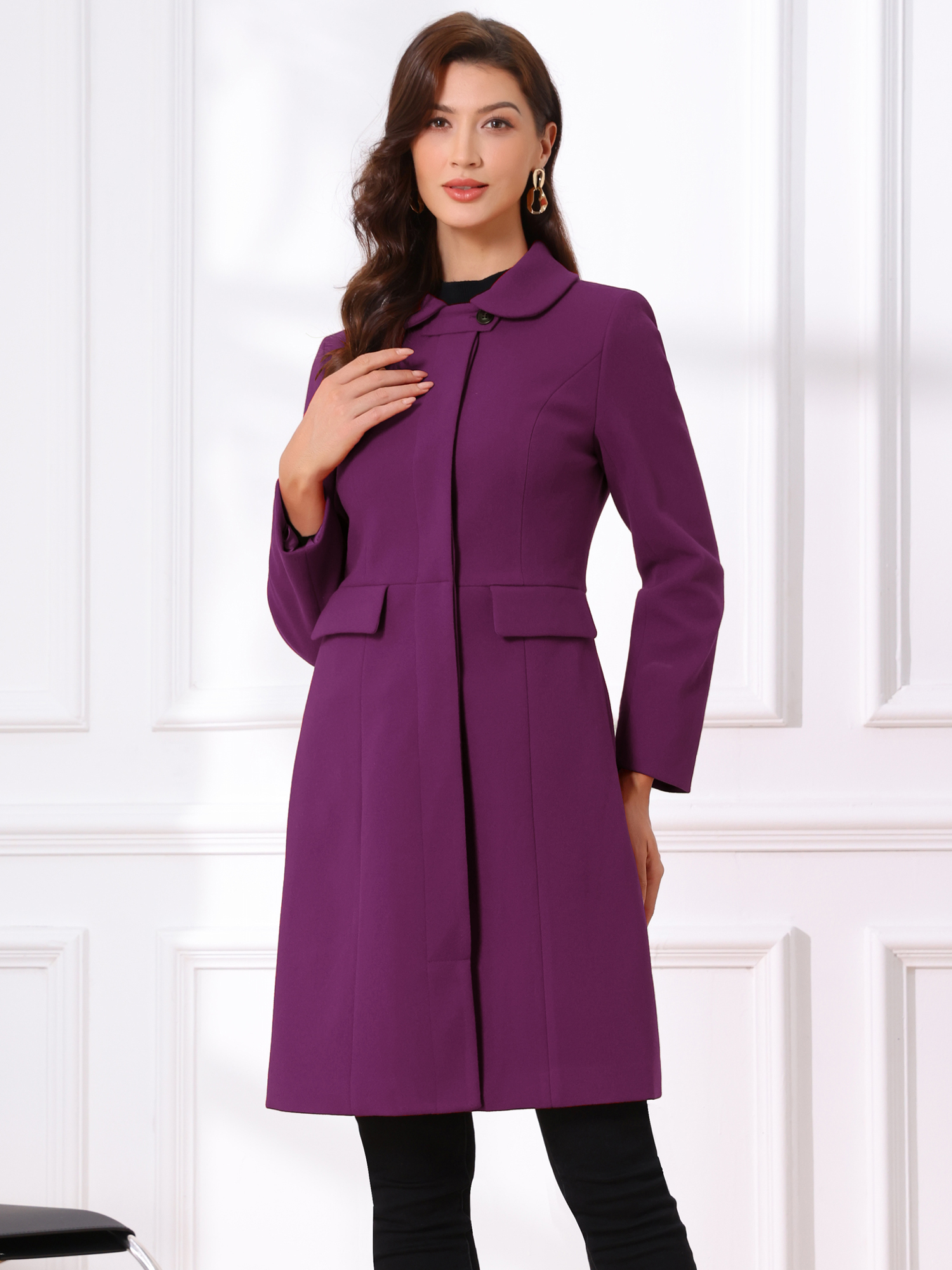 Peter Pan Collar Button Down Long Sleeve Pockets Long Winter Coat Dark Purple/XL