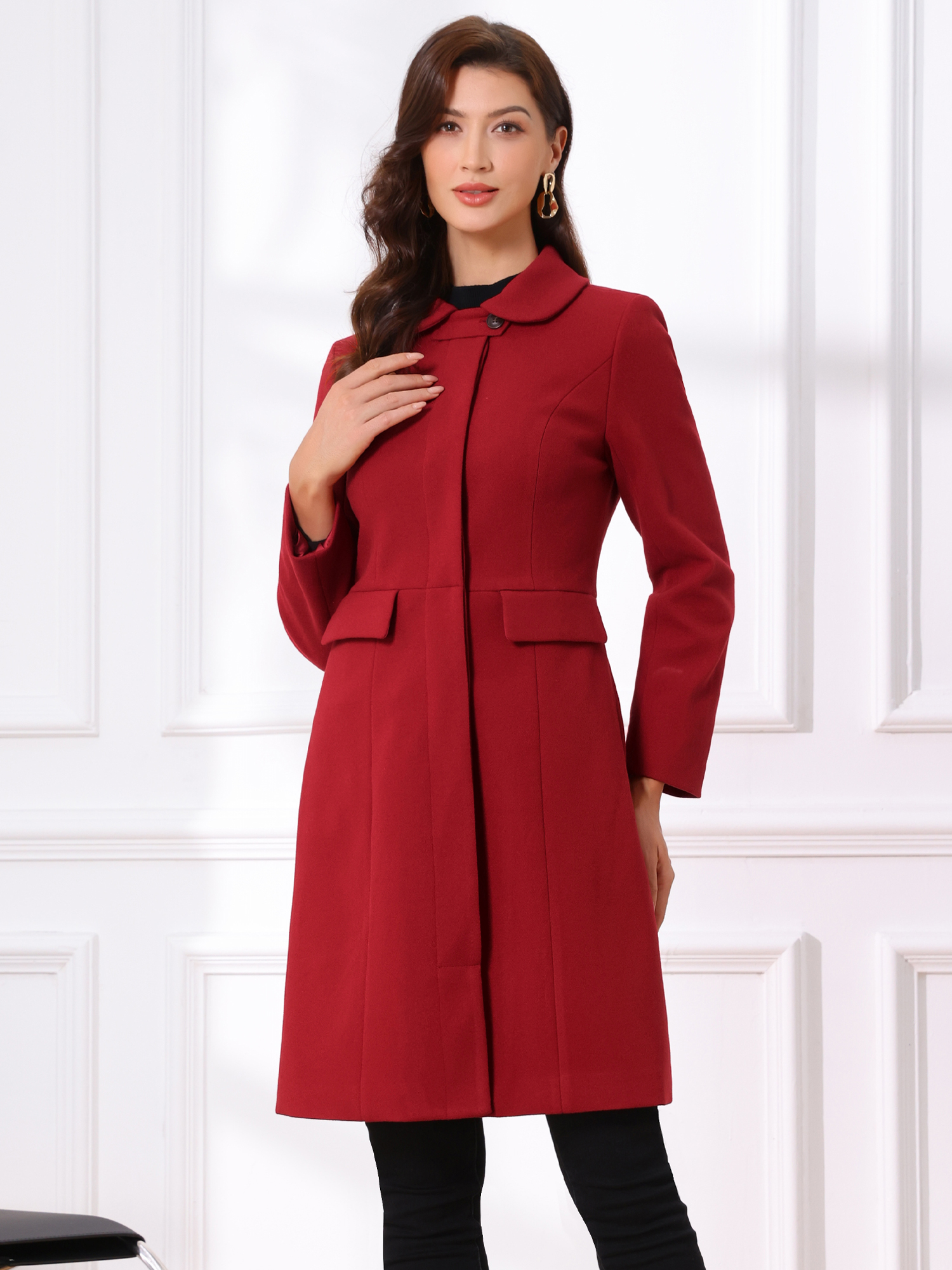 Peter Pan Collar Button Down Long Sleeve Pockets Long Winter Coat Dark Red/L