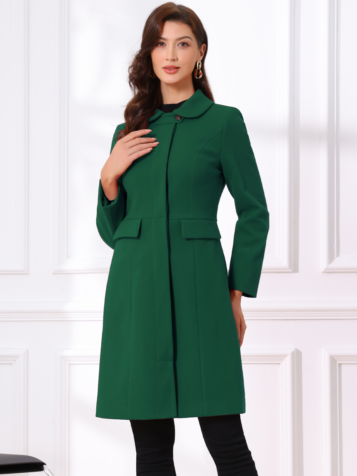 Peter Pan Collar Button Down Long Sleeve Pockets Long Winter Coat Dark Green/L