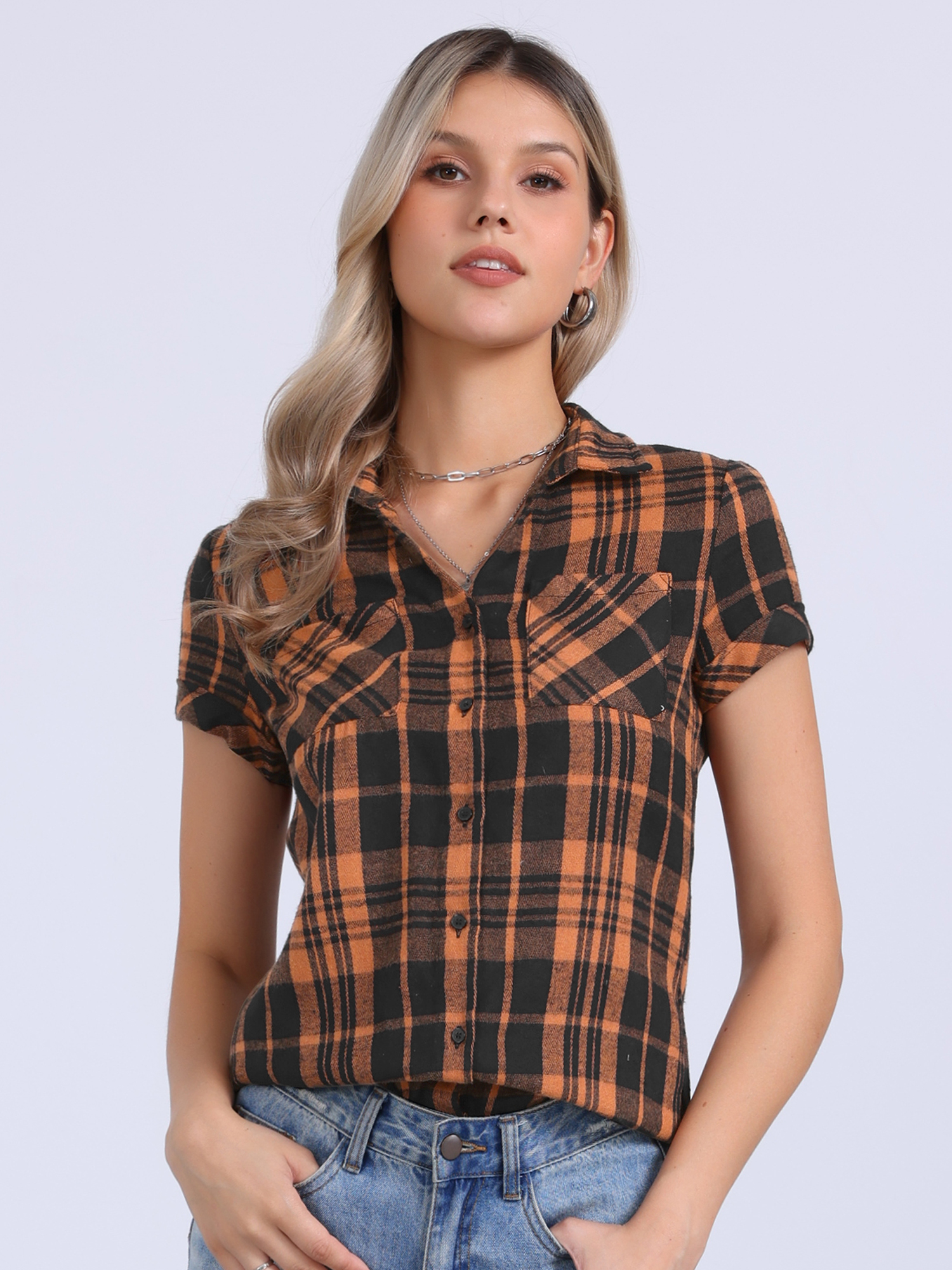 Classic Button Down Plaid Short Sleeve Shirt Black Orange/M