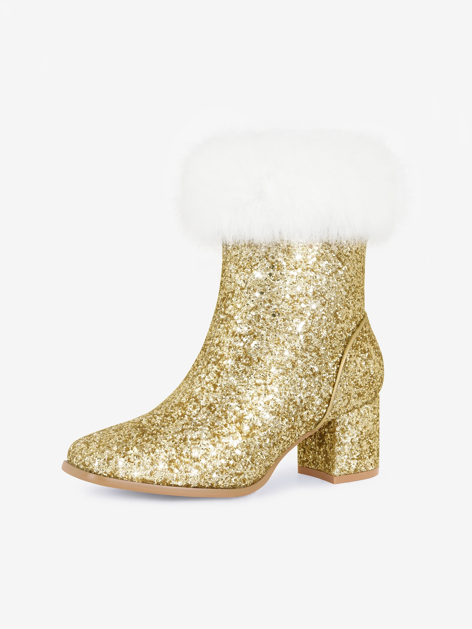 Sequin Glitter Square Toe Chunky Heel Faux Fur Plush Ankle Boots Gold/9
