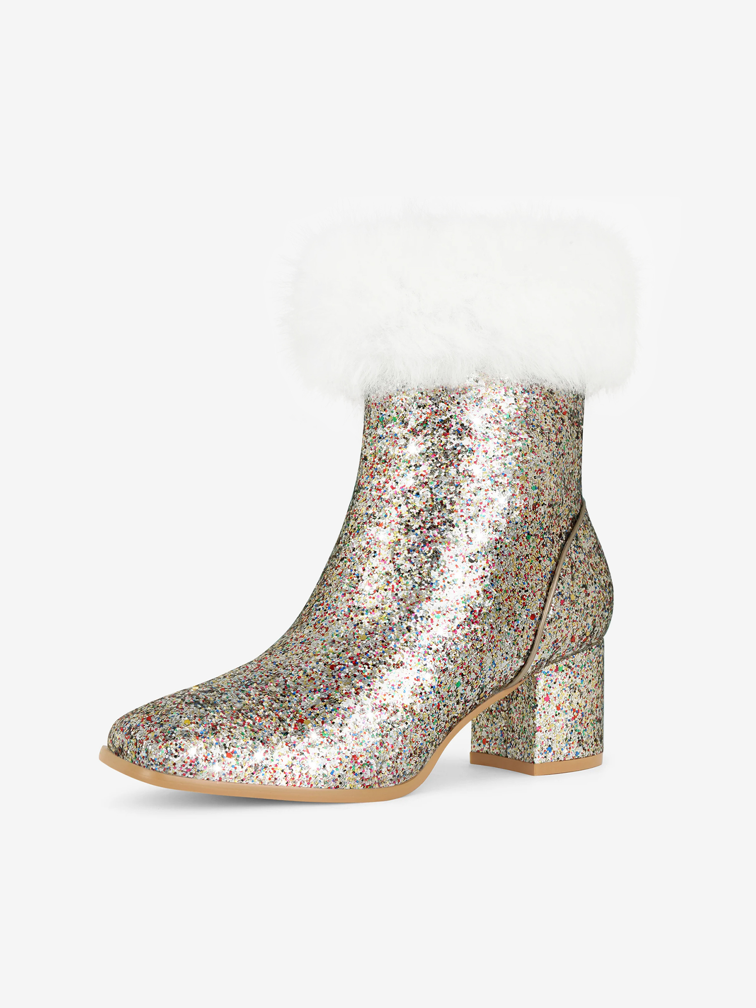 Sequin Glitter Square Toe Chunky Heel Faux Fur Plush Ankle Boots Colorful Silver/8