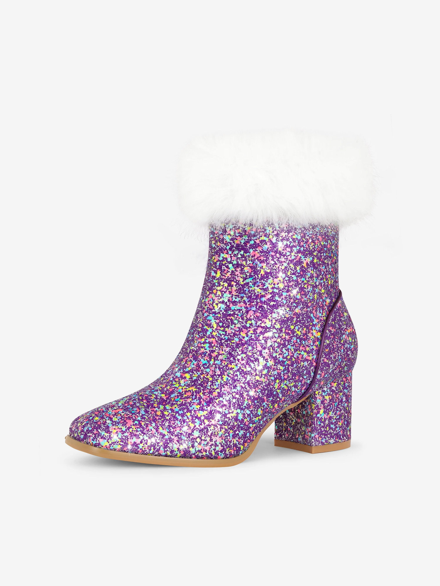 Sequin Glitter Square Toe Chunky Heel Faux Fur Plush Ankle Boots Purple/9.5