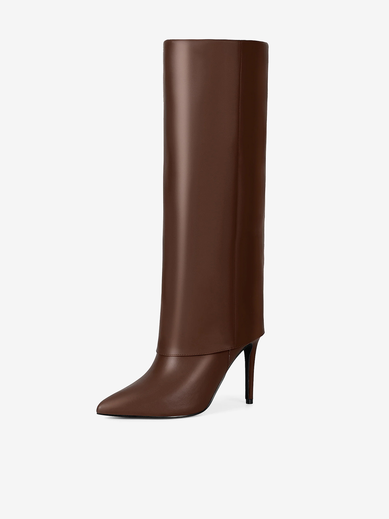 Pointed Toe Stiletto Heel Shark Fold Over Knee High Boots Brown/8
