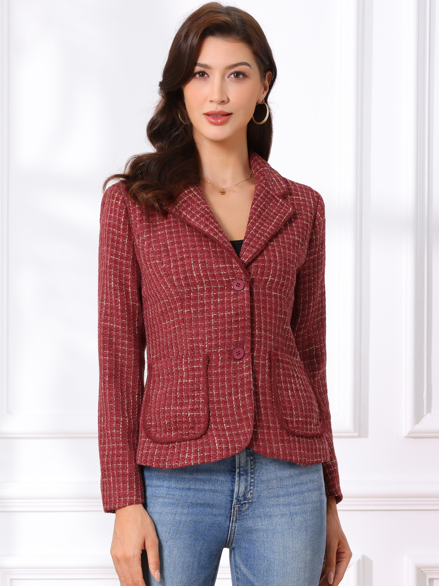 Plaid Tweed Notched Lapel Button Long Sleeve Blazer Jackets Dark Red/XL