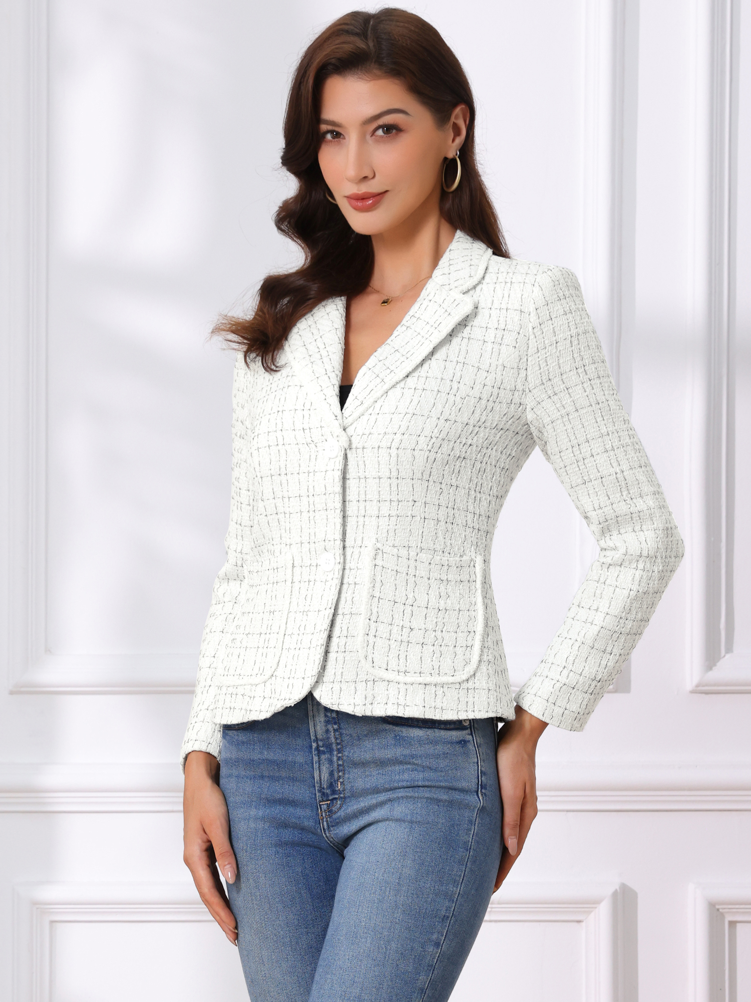 Plaid Tweed Notched Lapel Button Long Sleeve Blazer Jackets Black White/M