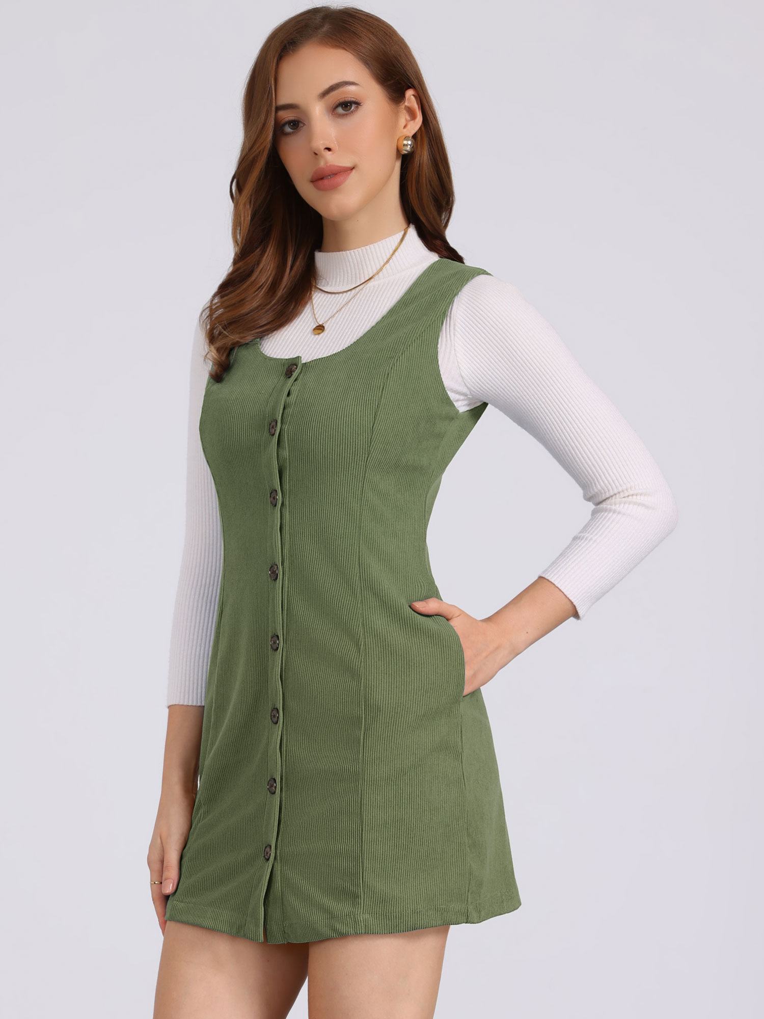 Corduroy Overall Scoop Neck Sleeveless Button Pinefore Dress Army Green/M