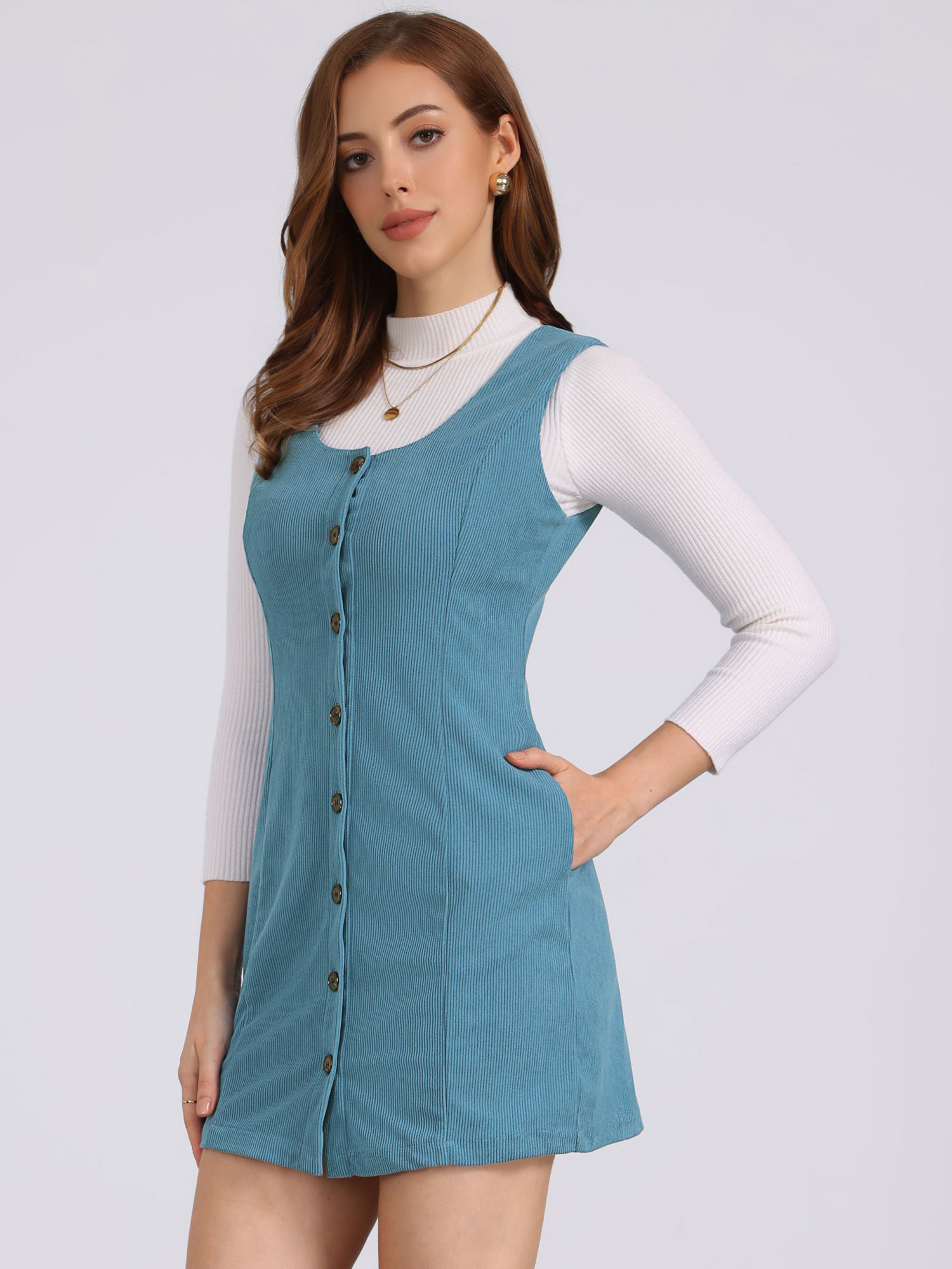 Corduroy Overall Scoop Neck Sleeveless Button Pinefore Dress Blue/M