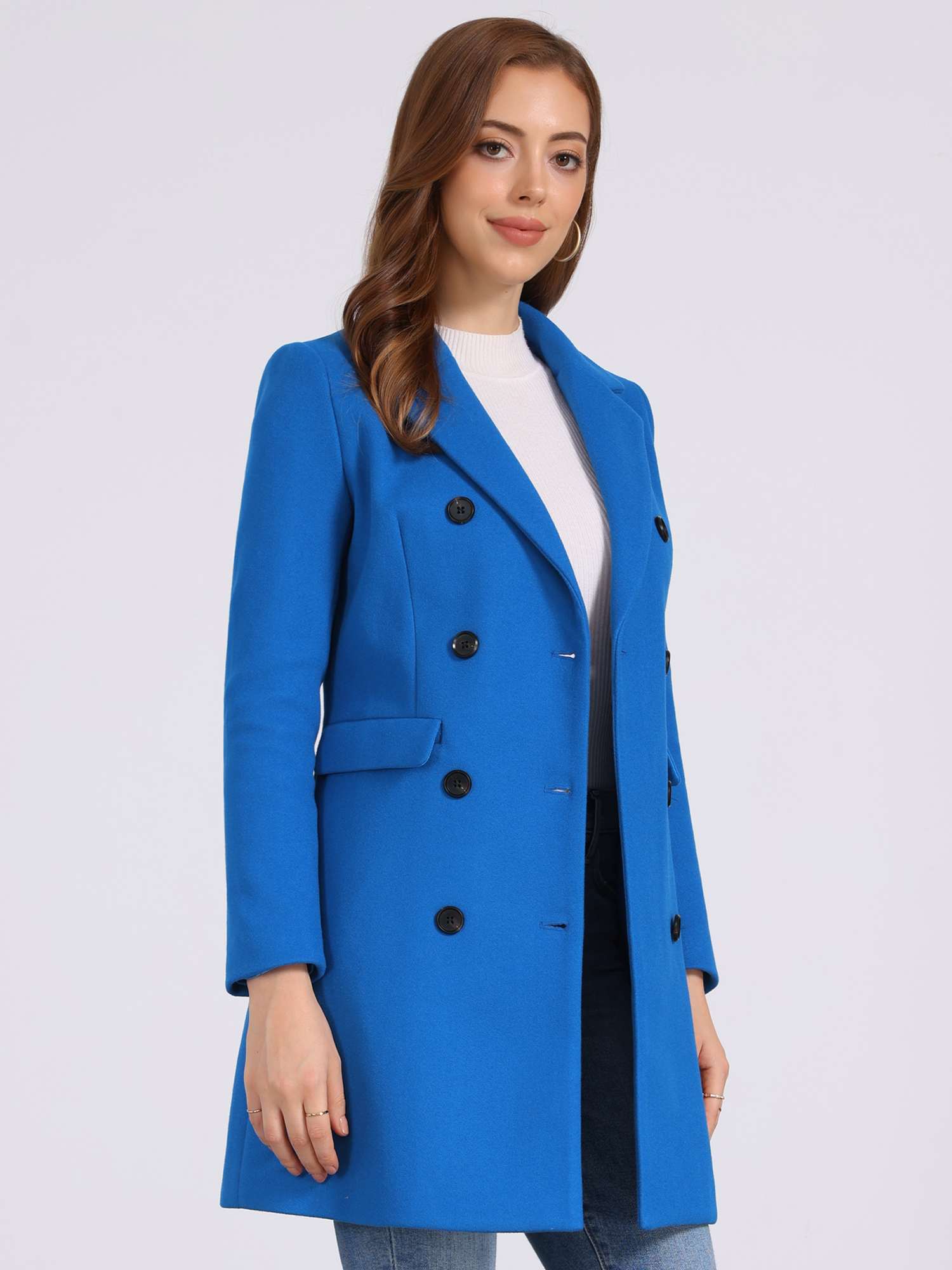 Winter Long Sleeve Notched Lapel Double Breasted Trench Coat Sea Blue/M