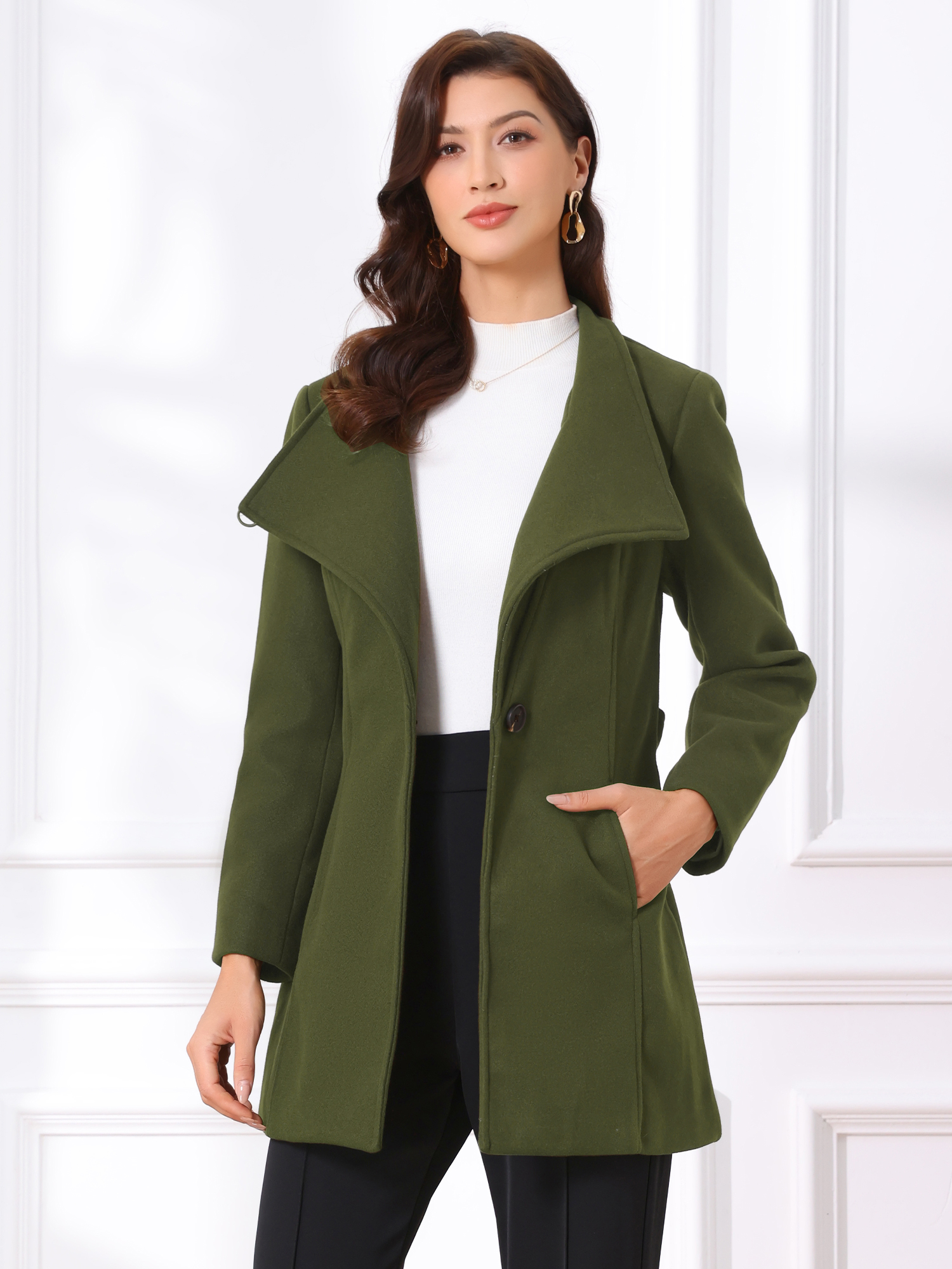Classic Stand Collar Long Sleeve Belted Winter Coat Army Green/L