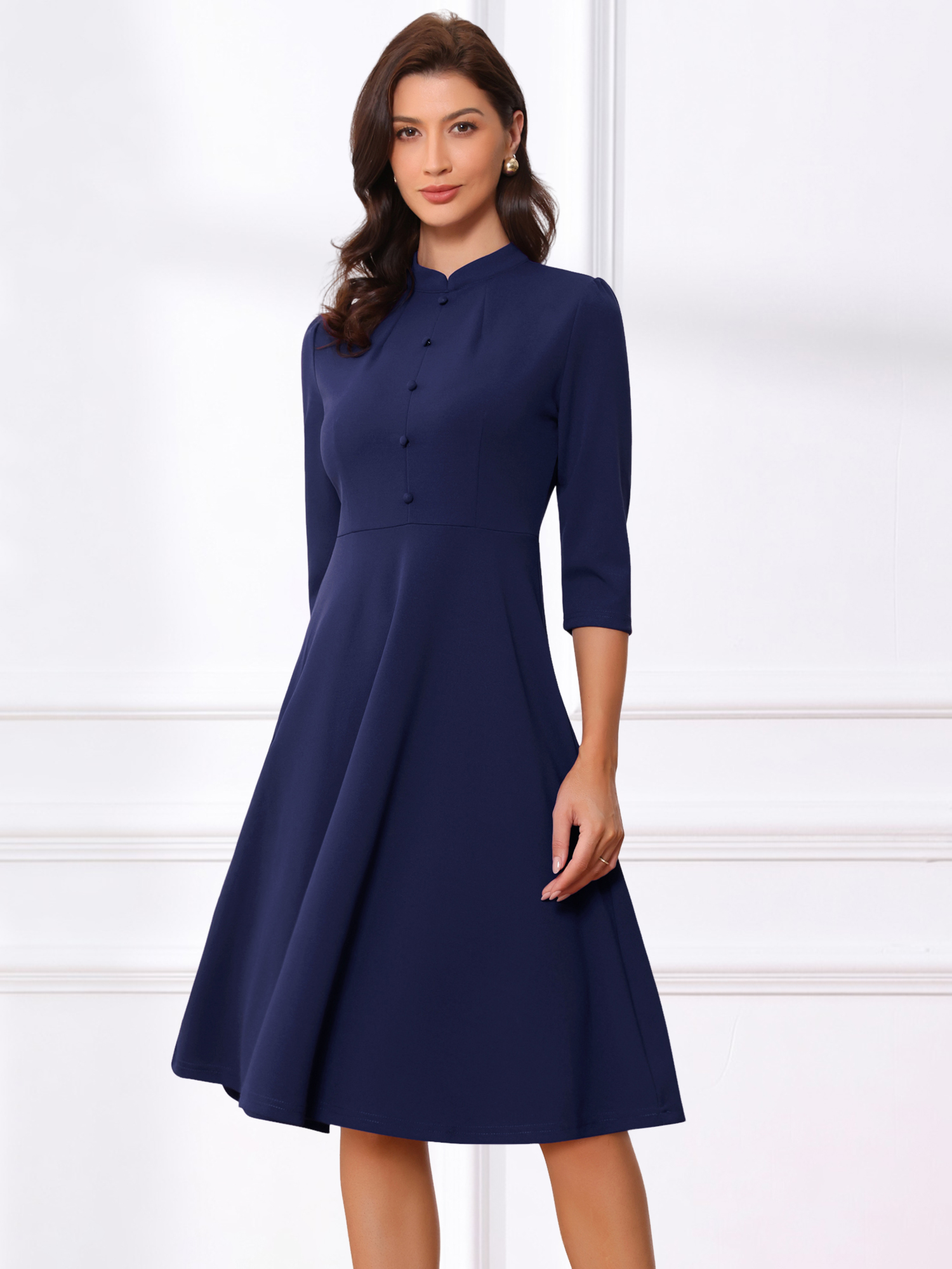 Retro 3/4 Sleeve Stand Collar Office Work Elegant A-Line Dress Dark Blue/L