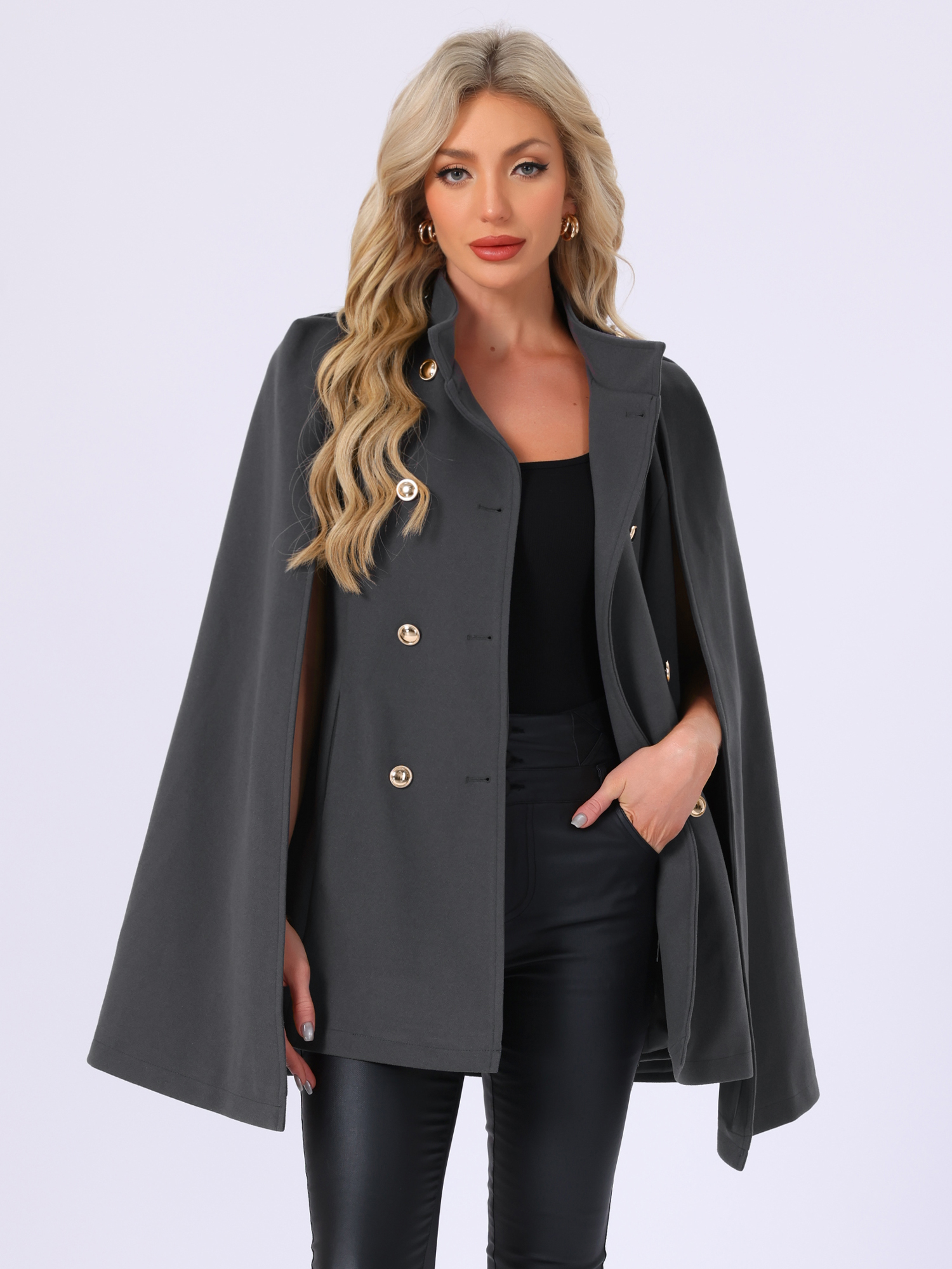 Winter Slit Sleeve Double Breasted Cloak Cape Coat Dark Gray/L