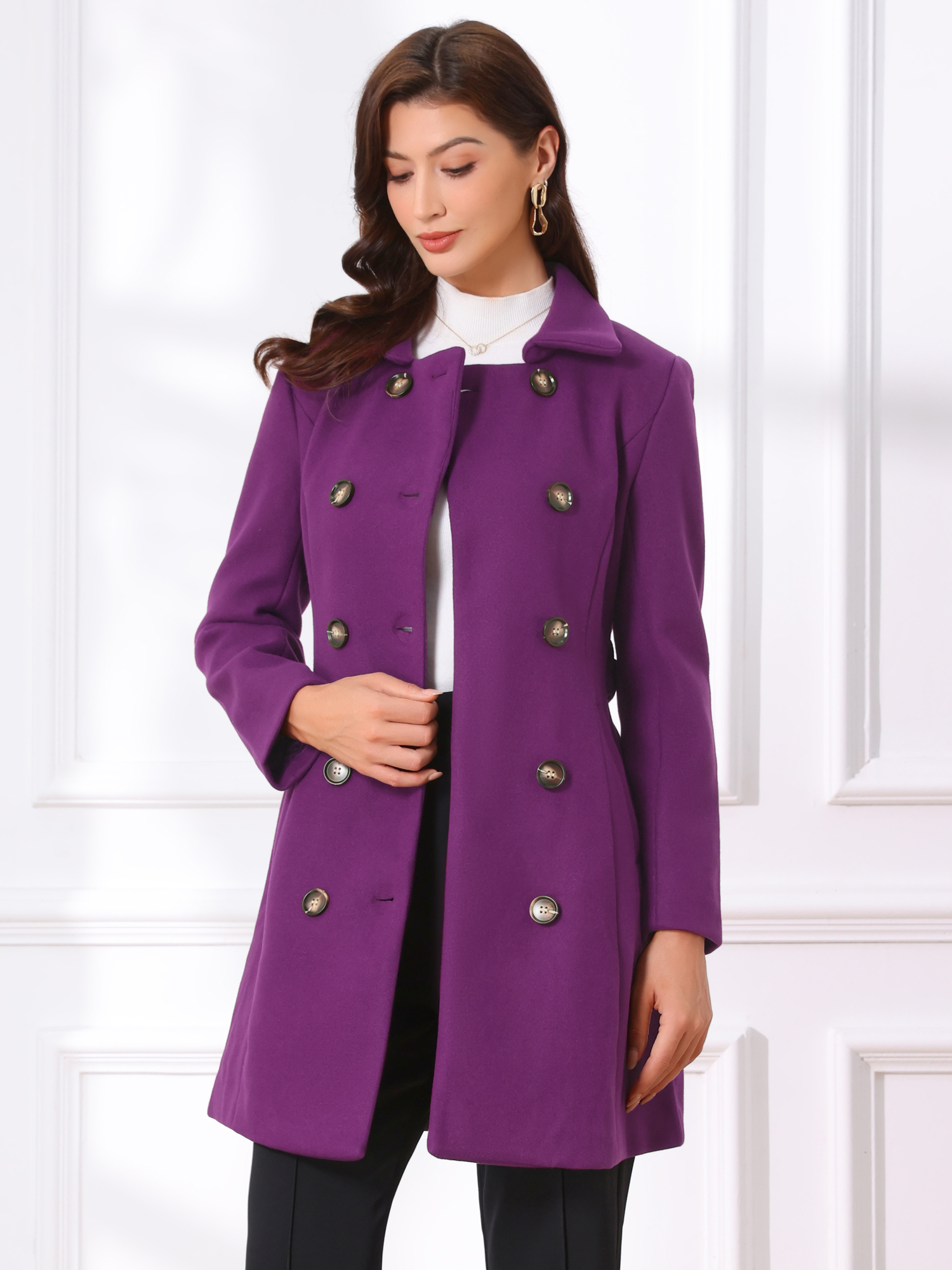 Lapel Double Breasted Slant Pocket Button Belted Pea Coats Purple/L