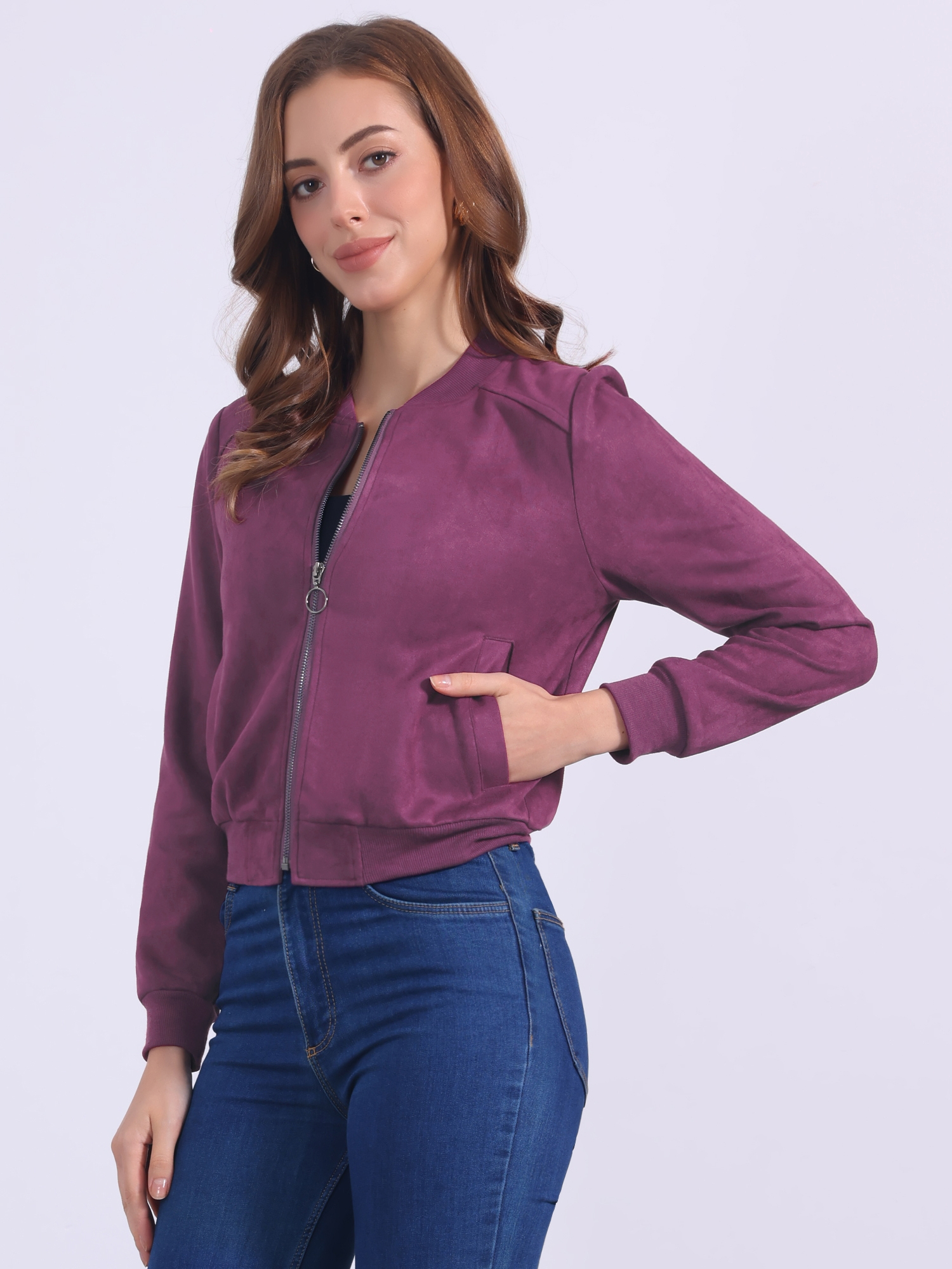 Faux Suede Crop Stand Collar Zip Up Biker Moto Bomber Jackets Dark Purple/XS