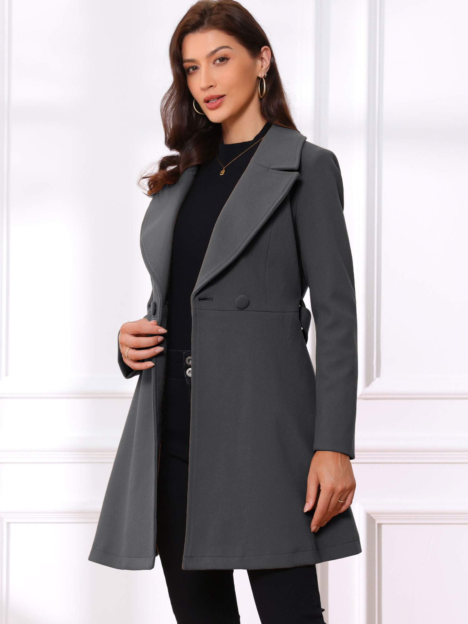 Elegant Overcoat Shawl Collar Single Winter Belted Long Coat Dark Gray/XL