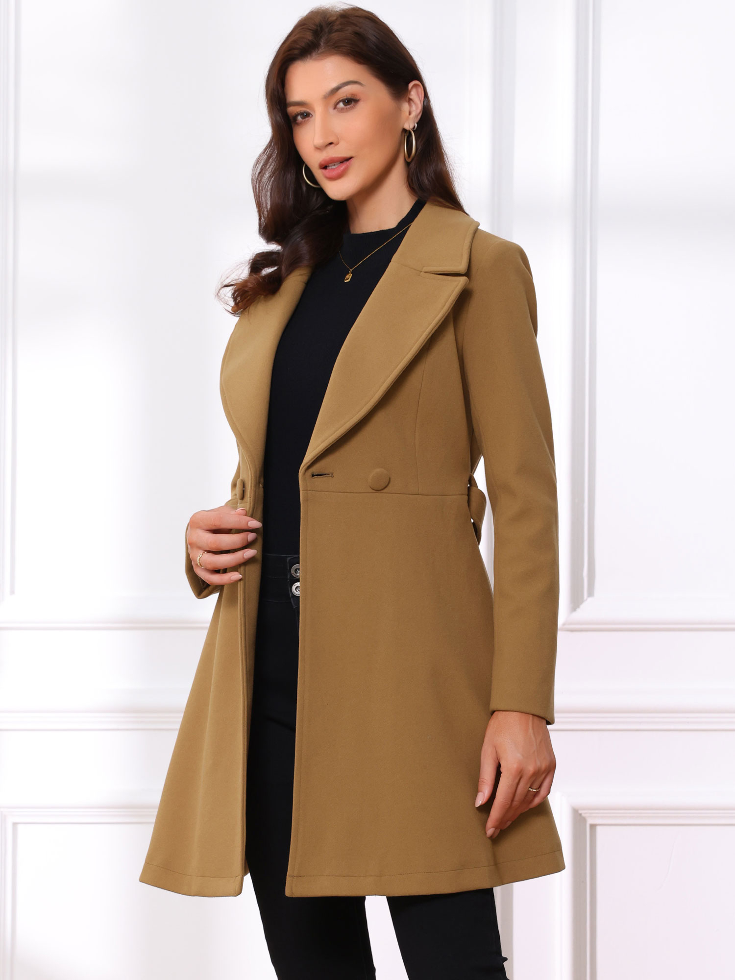 Elegant Overcoat Shawl Collar Single Winter Belted Long Coat Brown/M