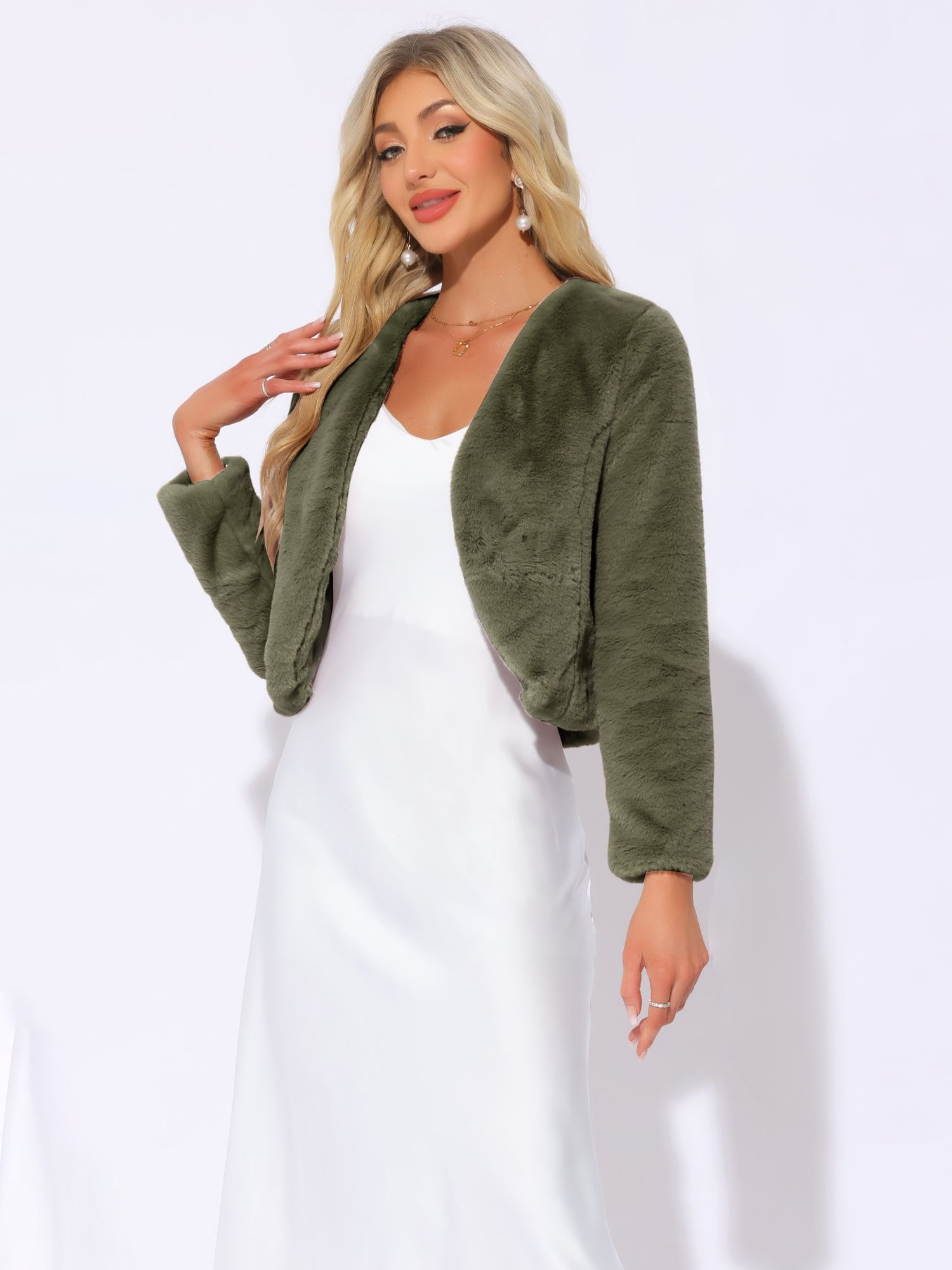 Long Sleeve Open Front Bolero Winter Cropped Faux Fur Jacket Army Green/XS
