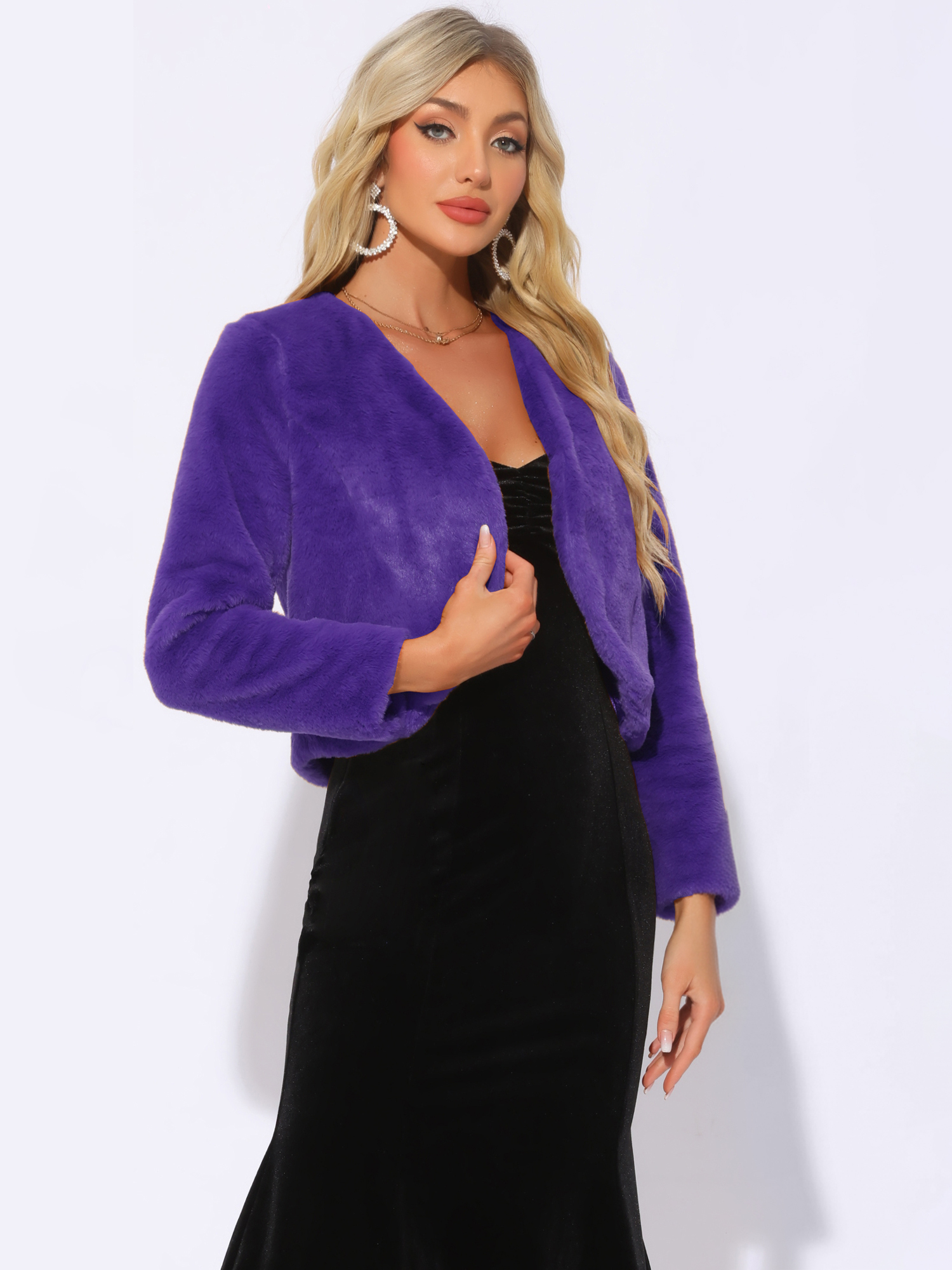 Long Sleeve Open Front Bolero Winter Cropped Faux Fur Jacket Dark Purple/M