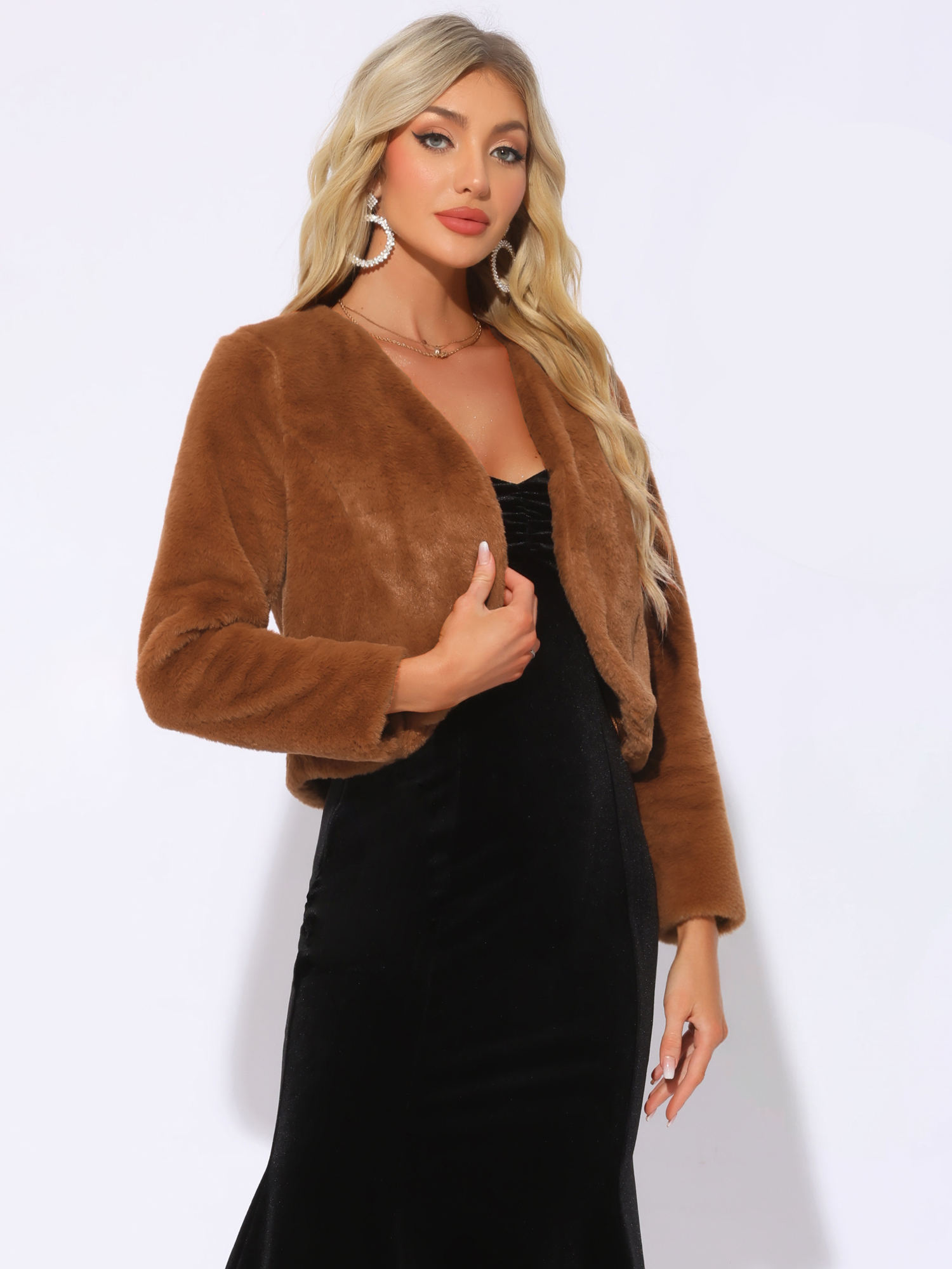 Faux Fur Long Sleeve Open Front Bolero Winter Coat Cropped Jacket Dark Brown/XL