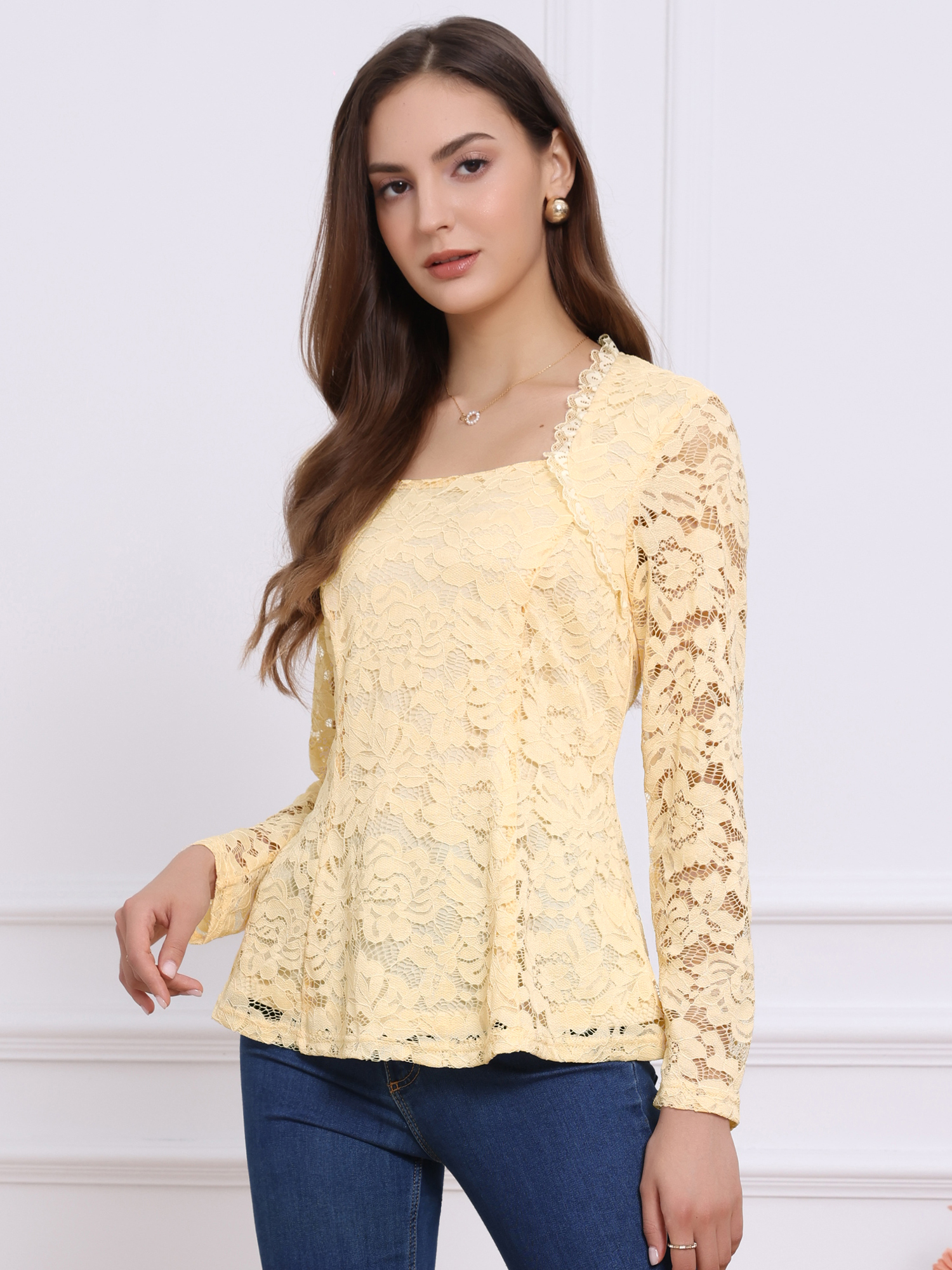 Lace Square Neck Long Sleeve Stertch Peplum Blouse Apricot/S