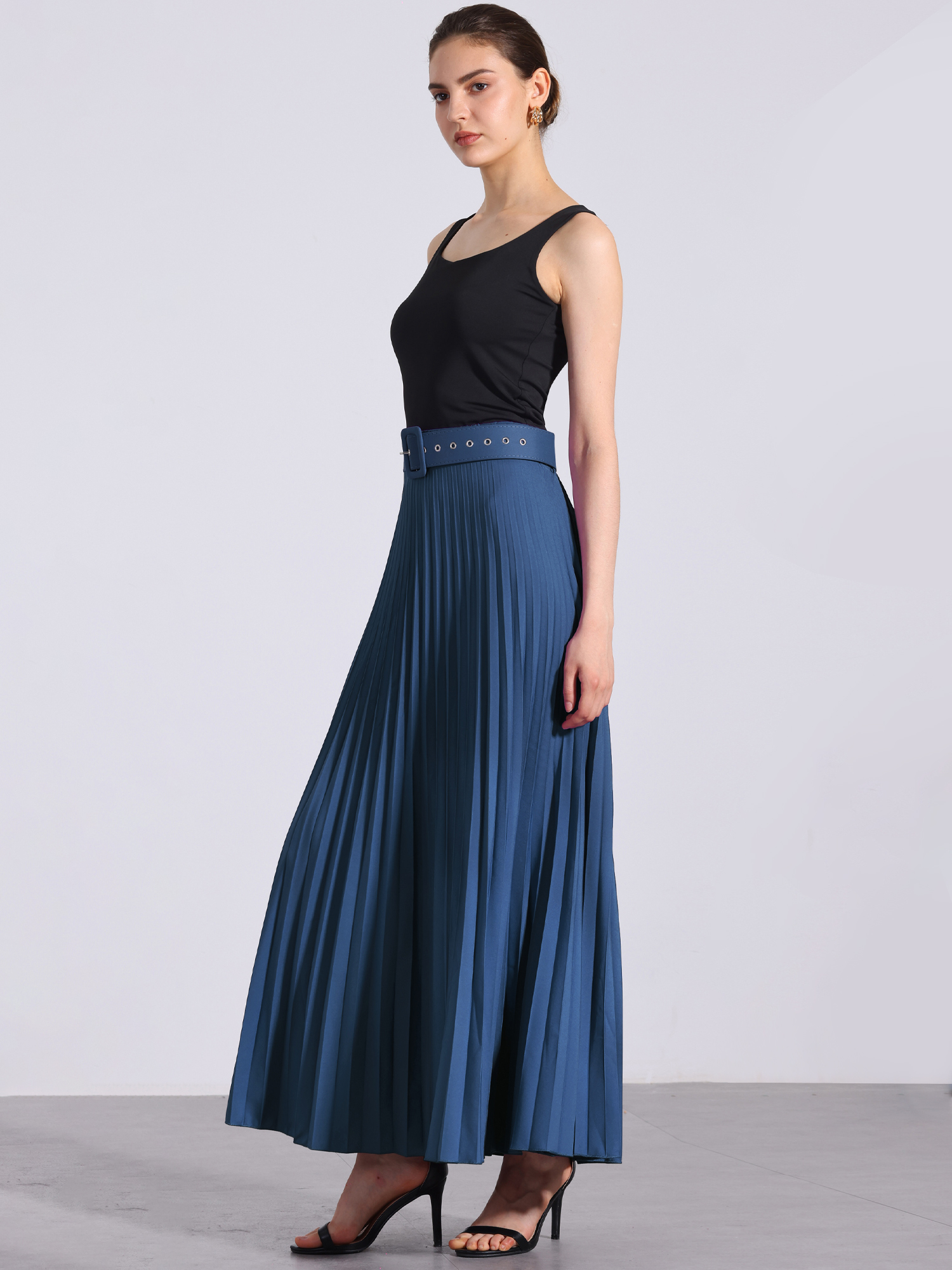 Flowy Pleated Elastic High Waist Belted Swing A-line Maxi Skirt Navy Blue/2XL