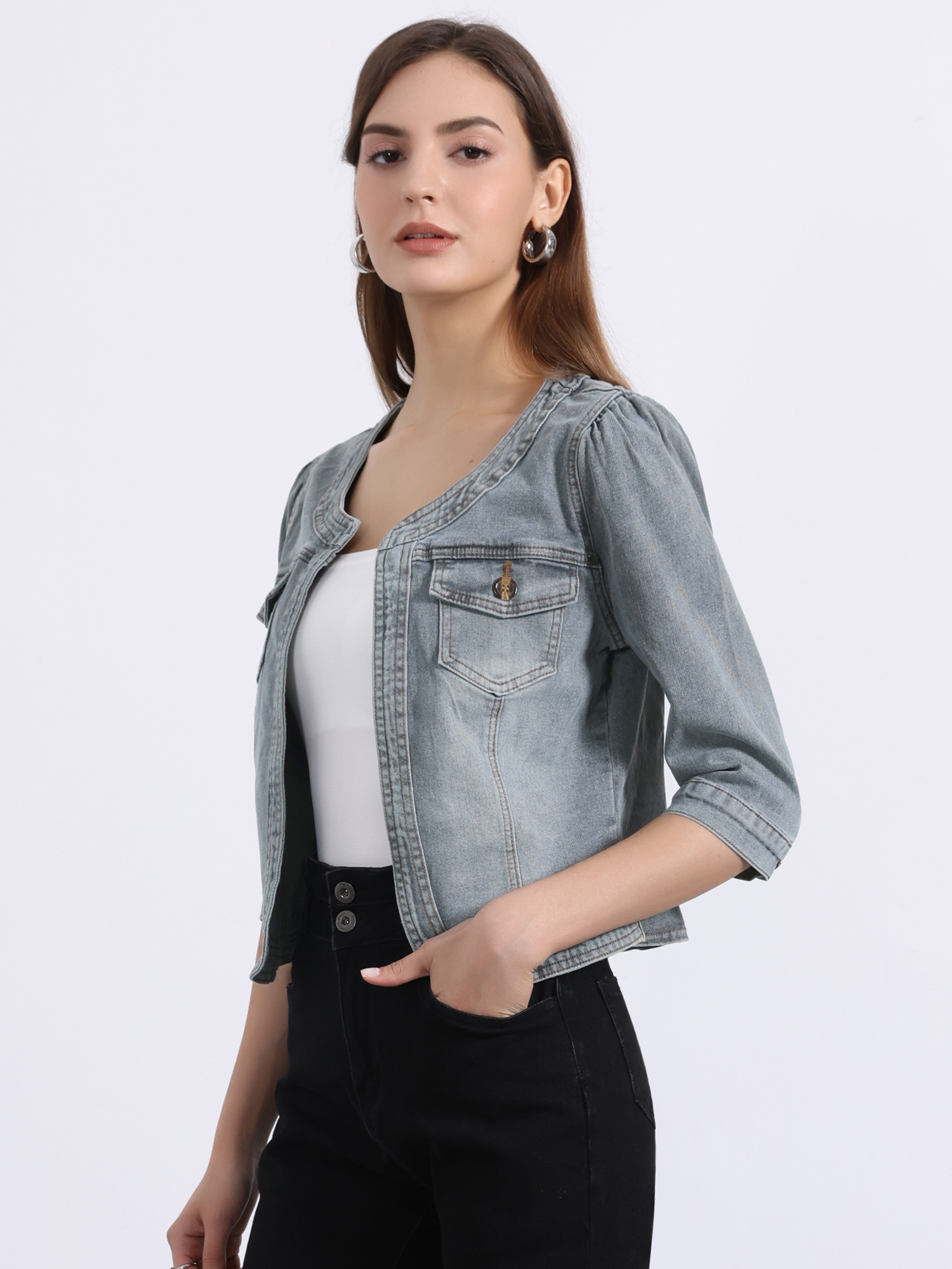 Collarless Pockets 3/4 Sleeve Cropped Denim Jacket Gray/S