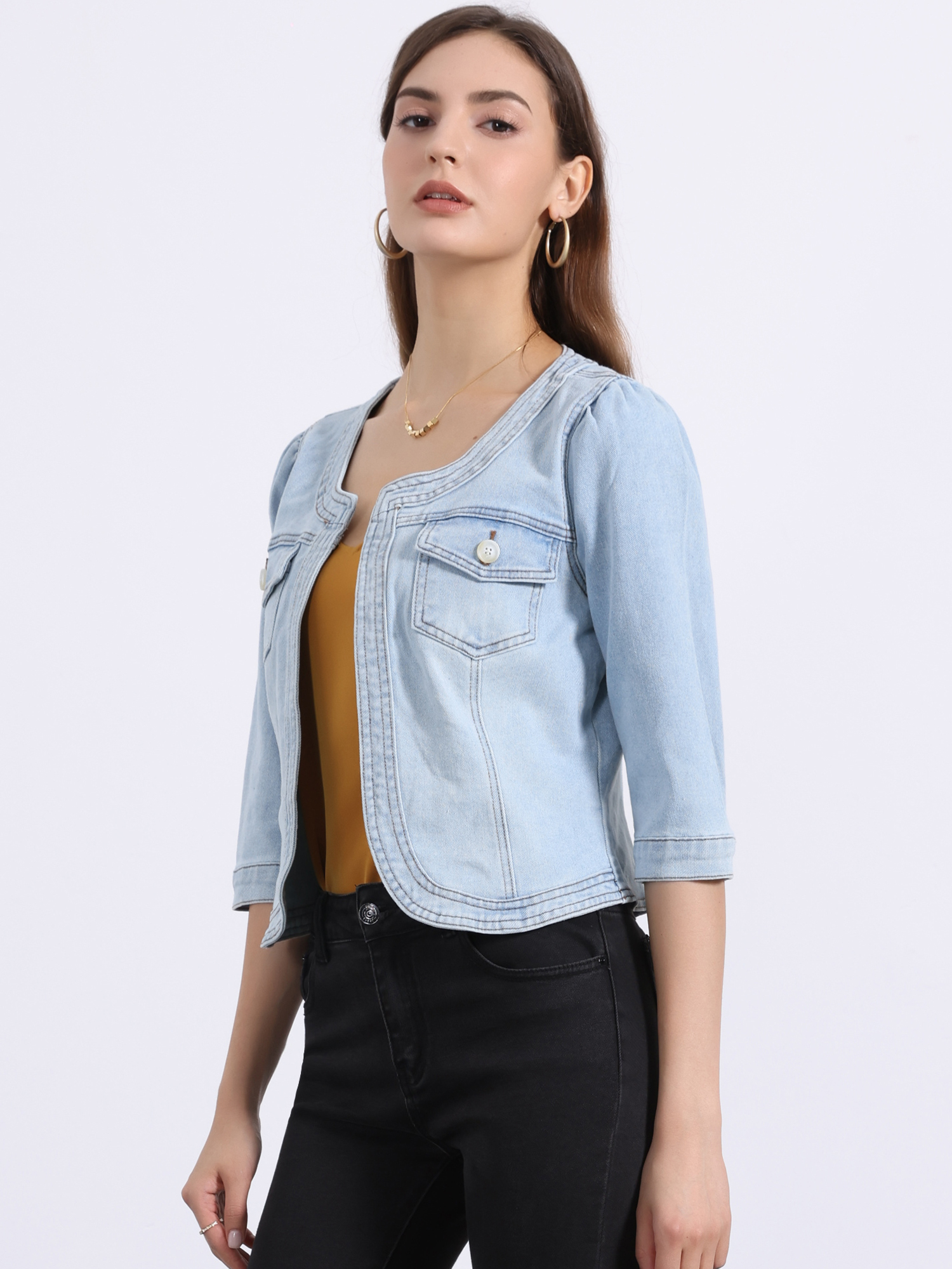 Denim Collarless Pockets 3/4 Sleeve Feminine Style Jacket Sky Blue/L