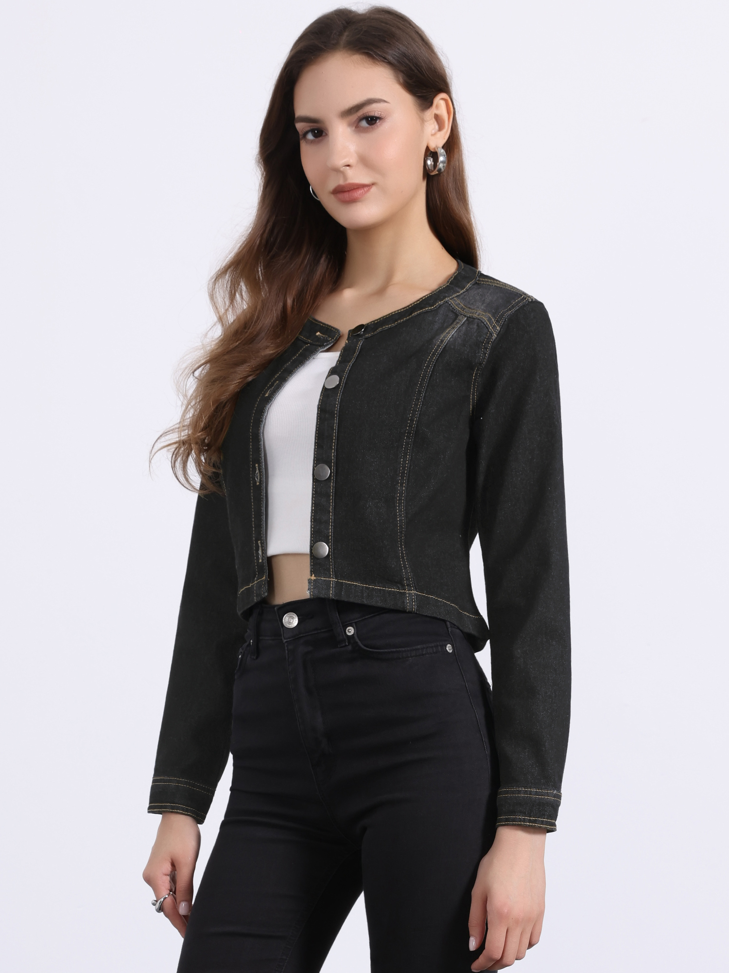 Denim Collarless Long Sleeve Button Down Crop Jean Jacket Black/XS